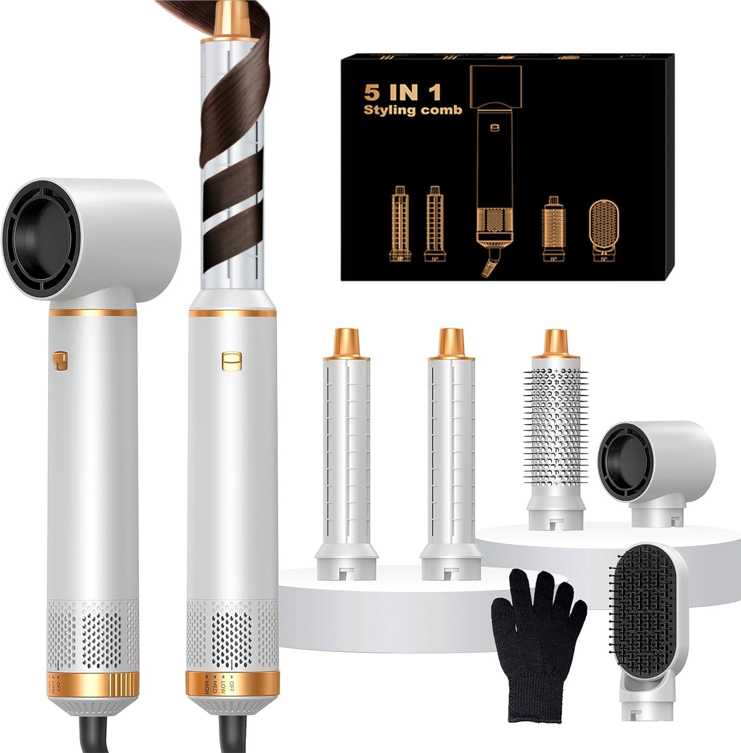 Airstyler 5 in 1 Hairstyler mit Air Lockenstab Föhn Heißluftbürste Haarstyling Geräte Föhnbürste Warmluftbürste Rundbürstenföhn Lockenföhn Stylingbürsten Multi Air Hair Dryer Styler Set, Weiß/Gold