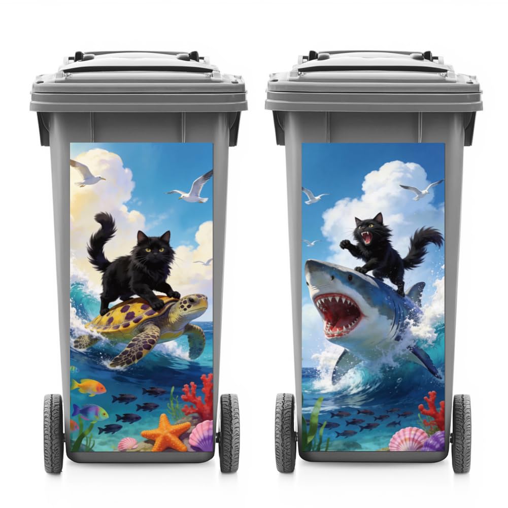 ANATTASOUL 2 Sheets Spring Wheelie Bin Stickers Funny Surfing Cat Waterproof Dustbin Covers Decor, 14.9"x 32.2" Adhesive Large Decal for Bins, Fridge, Wall Outdoor, Indoor Decoration