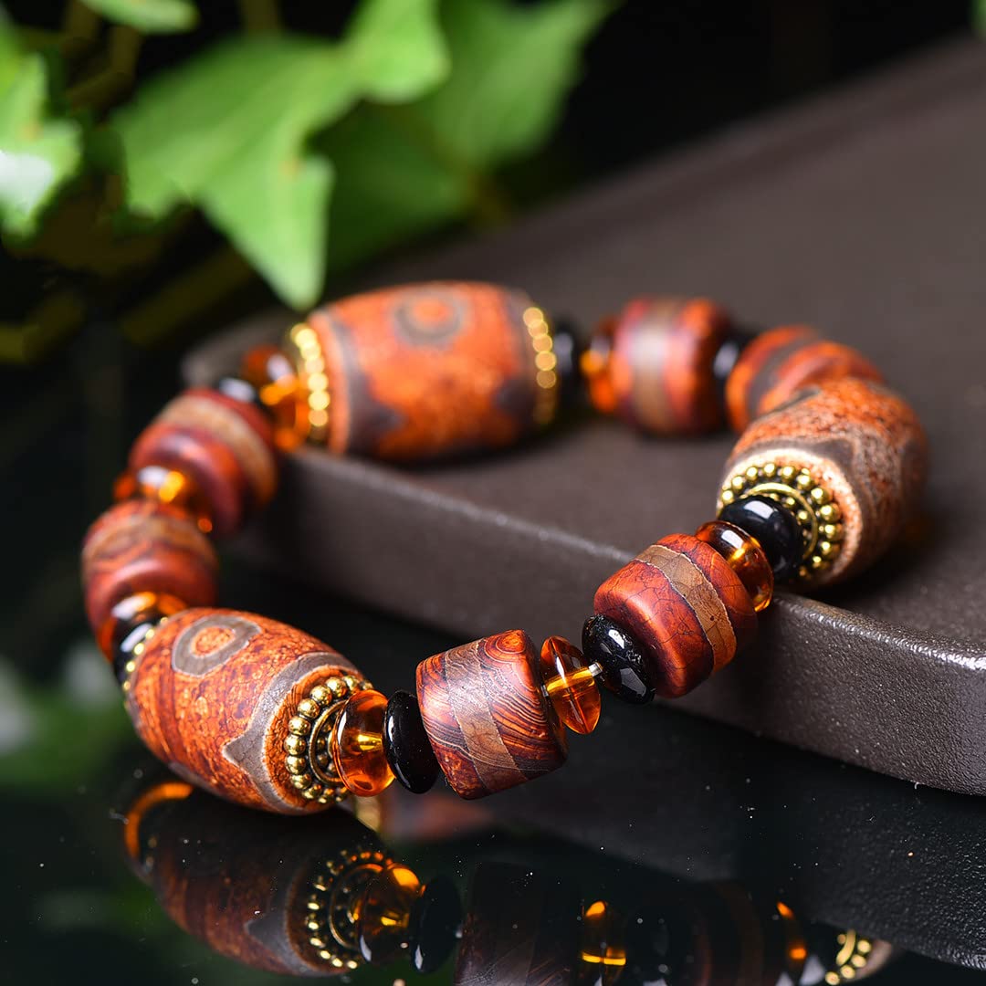 Pulsera Pulsera de amuleto Fengshui, pulsera de cuentas Dzi de estilo tibetano, ágata antigua natural, regalos de joyería budista, atraer riqueza, dinero y buena suerte, pulsera de brazalete con cuent