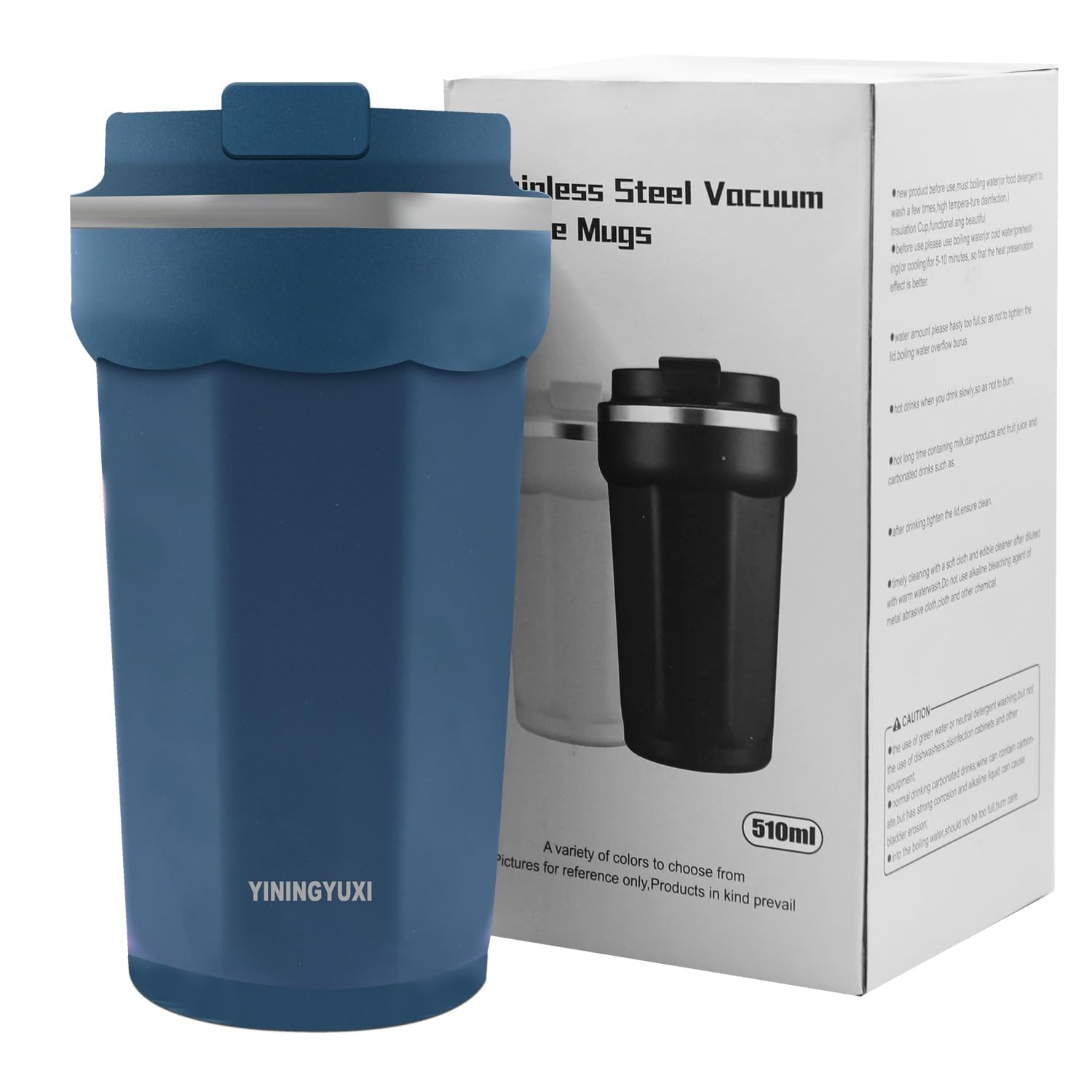 YININGYUXI Tiantan Vacuum Insulated Travel Mug, 17 oz, Double Wall Stainless Steel, Hot and Cold Drinks, Non-Stick Silicone Handle, Dishwasher Safe, Blue