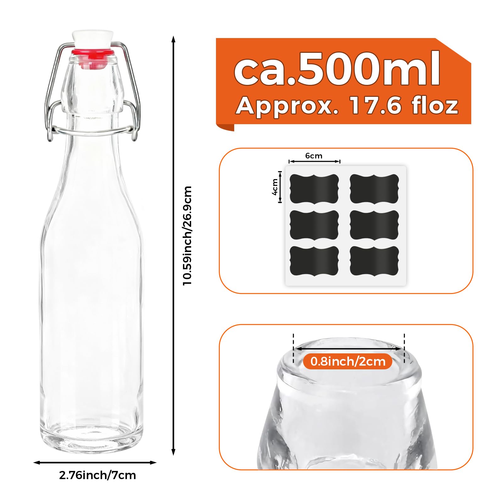 Juego de 6 Botellas de Cristal 500 ml con Tapón Hermético y Etiquetas para Bebidas