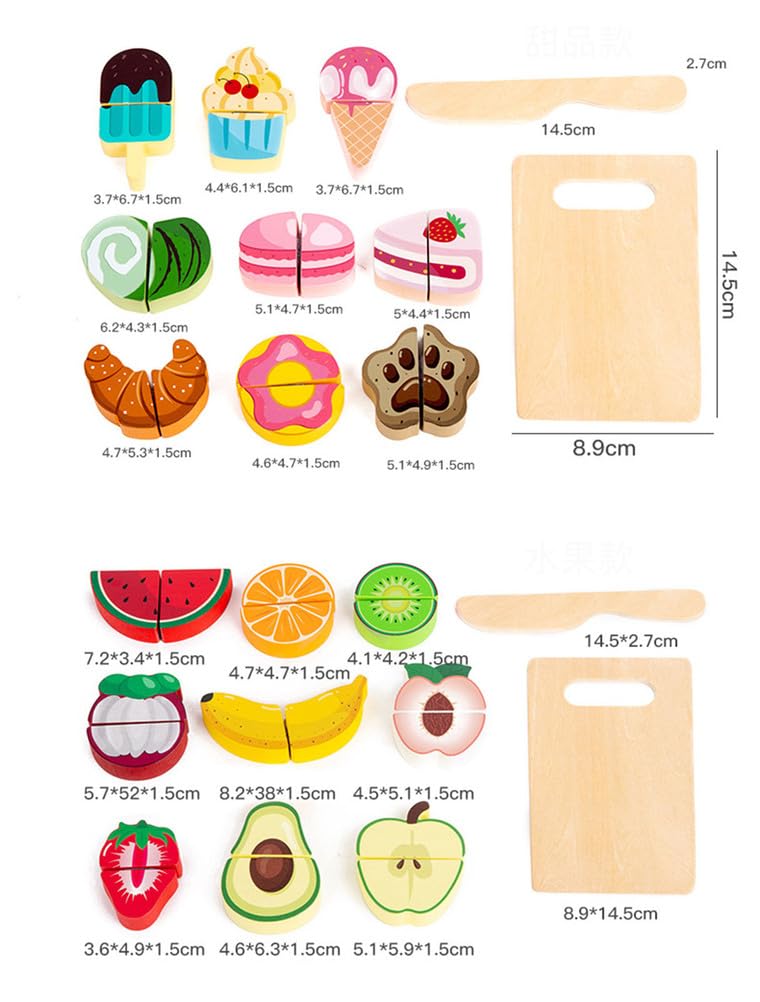 Set de Comida de Juego Simulado de Madera Montessori, Frutas, Verduras y Postres Magnéticos para Cortar