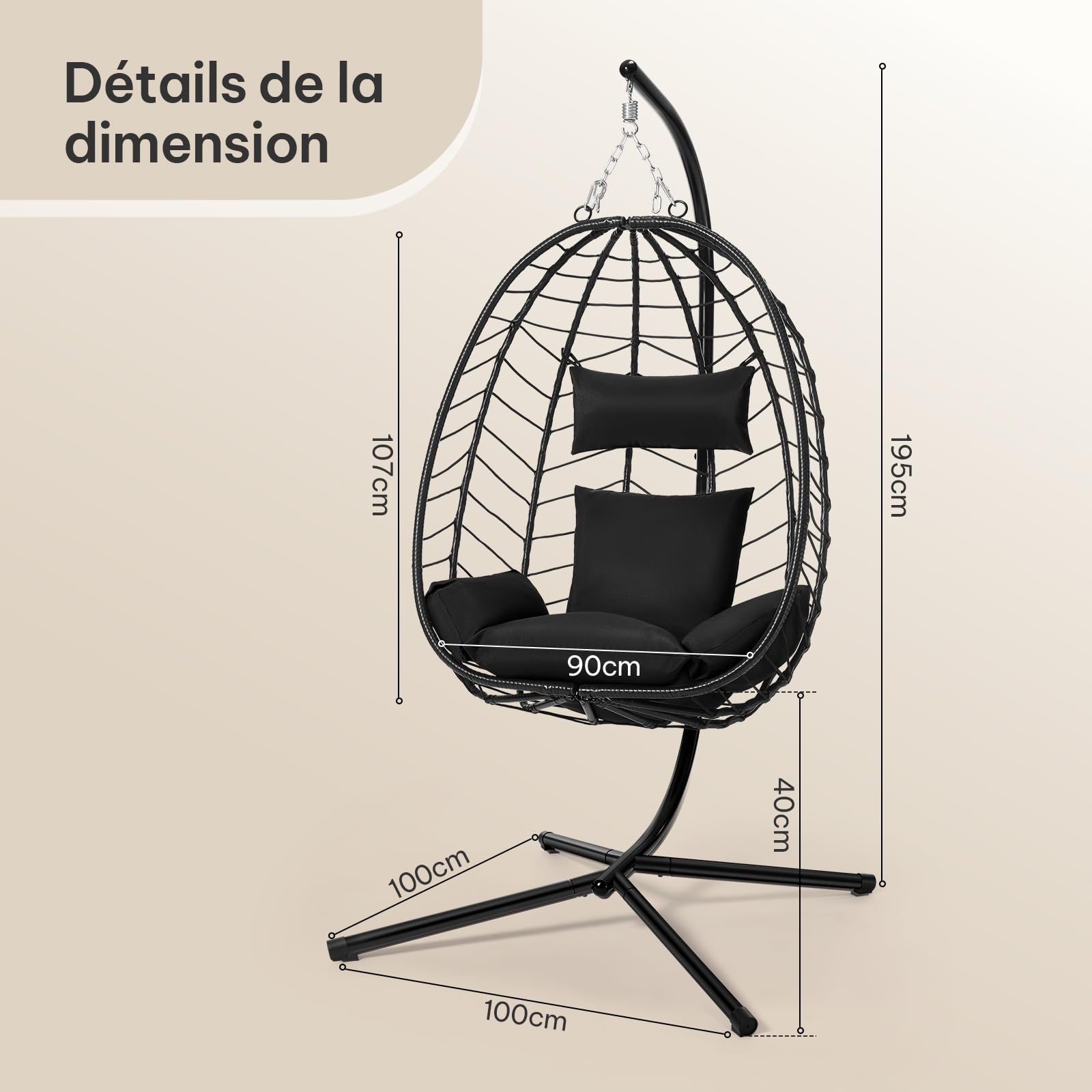 Laneetal Fauteuil Oeuf Suspendu, Chaise Balançoire, avec Support en Métal, Coussin de Siège et Appui-tête, Charge 150kg, Rotin PE, pour Jardin, Balcon, Terrasse, 102x100x196cm, Anthracite