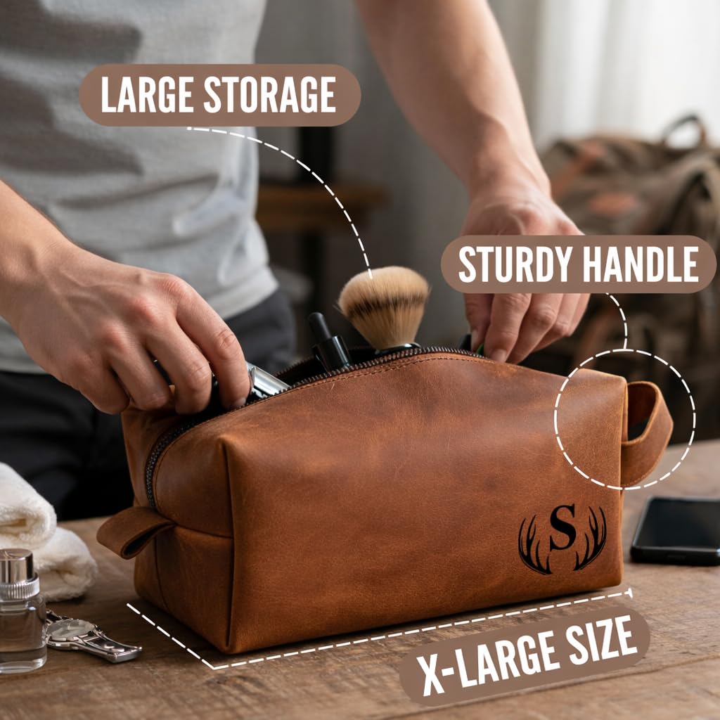 Neceser personalizado hecho a mano de piel auténtica | Kit de afeitado grabado personalizado con nombre, inicial | Bolsa de viaje para hombres, él, marido, papá, novio | Idea de regalo para