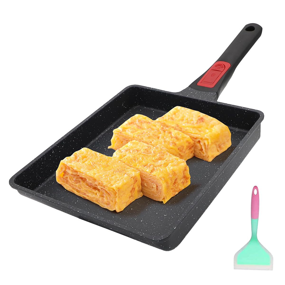 AIKENBBKK Sartén Japonesa Antiadherente para Tortillas, 23x21 cm Grande Tamagoyaki Sartén con Mango Desmontable Rectangular Sartén para Huevos, Apta para Horno y Lavavajillas(Negro)