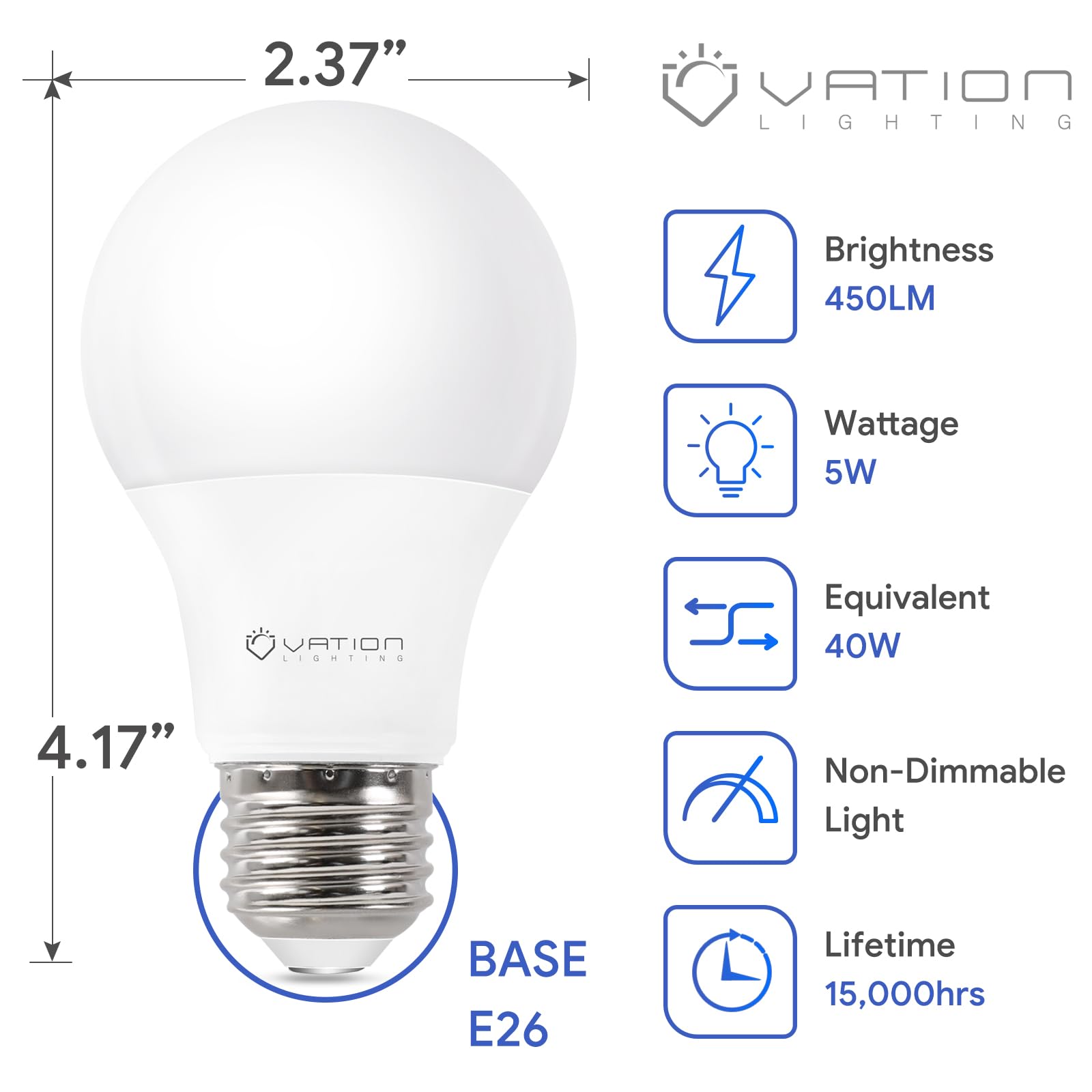 VATION LIGHTING Confezione da 24 lampadine LED A19, equivalenti a 40 Watt, efficienti, 5 Watt, 450 lumen, bianco tenue 2700 K, base media E26, non dimmerabili, elencate ETL/UL