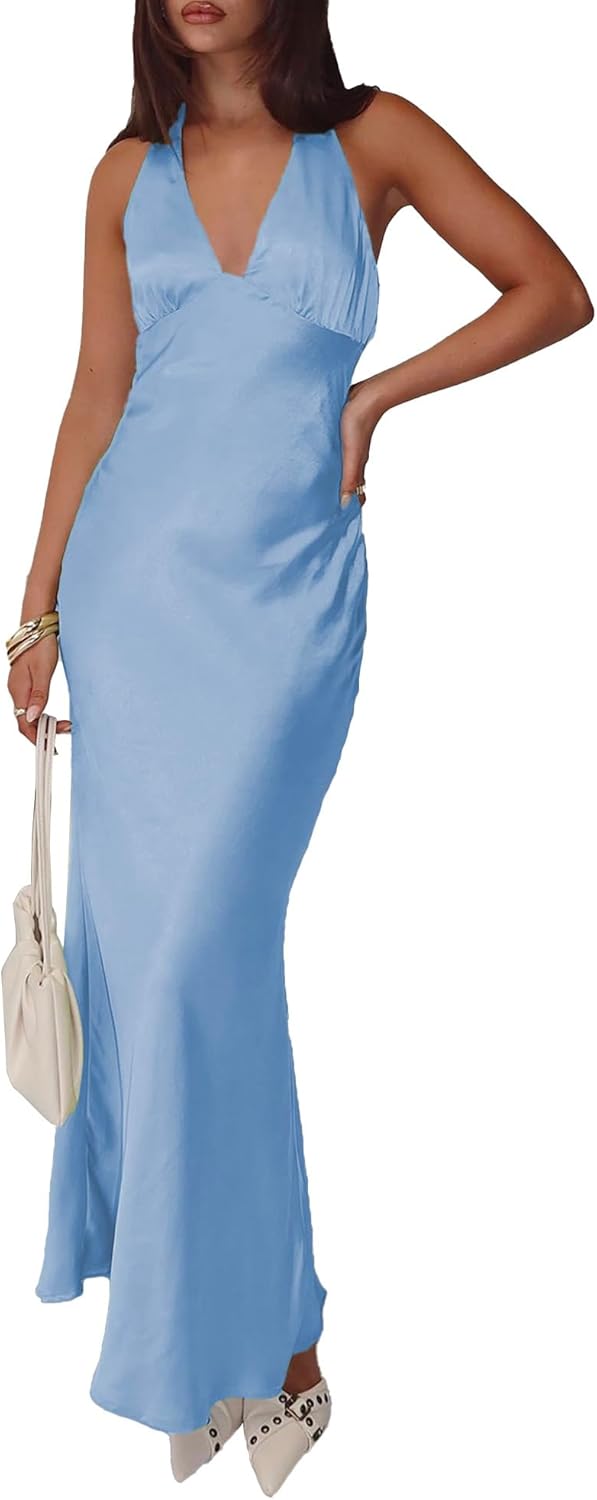 Women's Satin Dresses Summer Bodycon Sexy Halter V Neck Backless Elegant Formal Prom Cocktail Wedding Guest Maxi Dress