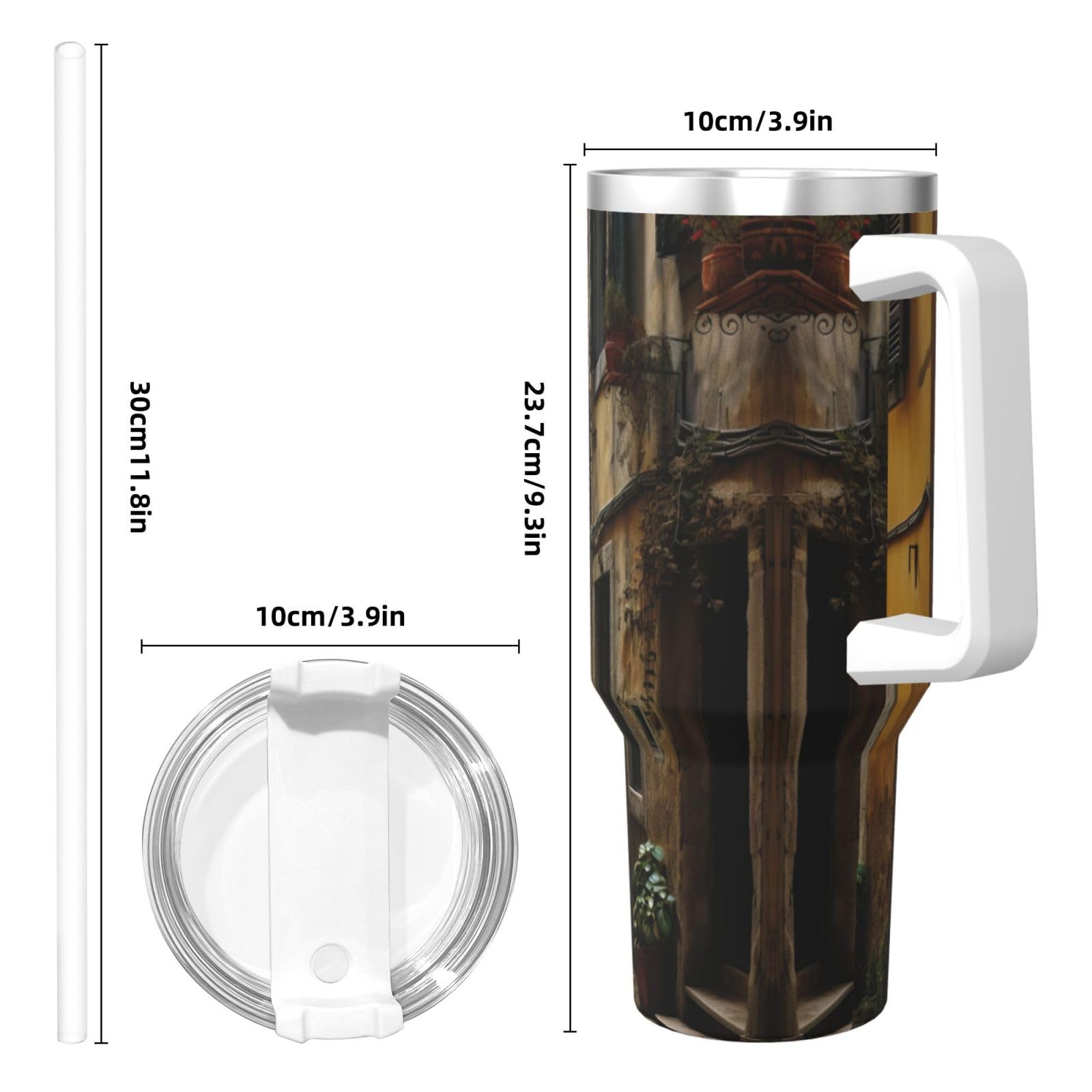 Italian Old Street Wasserflasche aus Edelstahl, doppelwandig, isoliert, mit Griff und Strohhalm-Deckel, 1,2 l