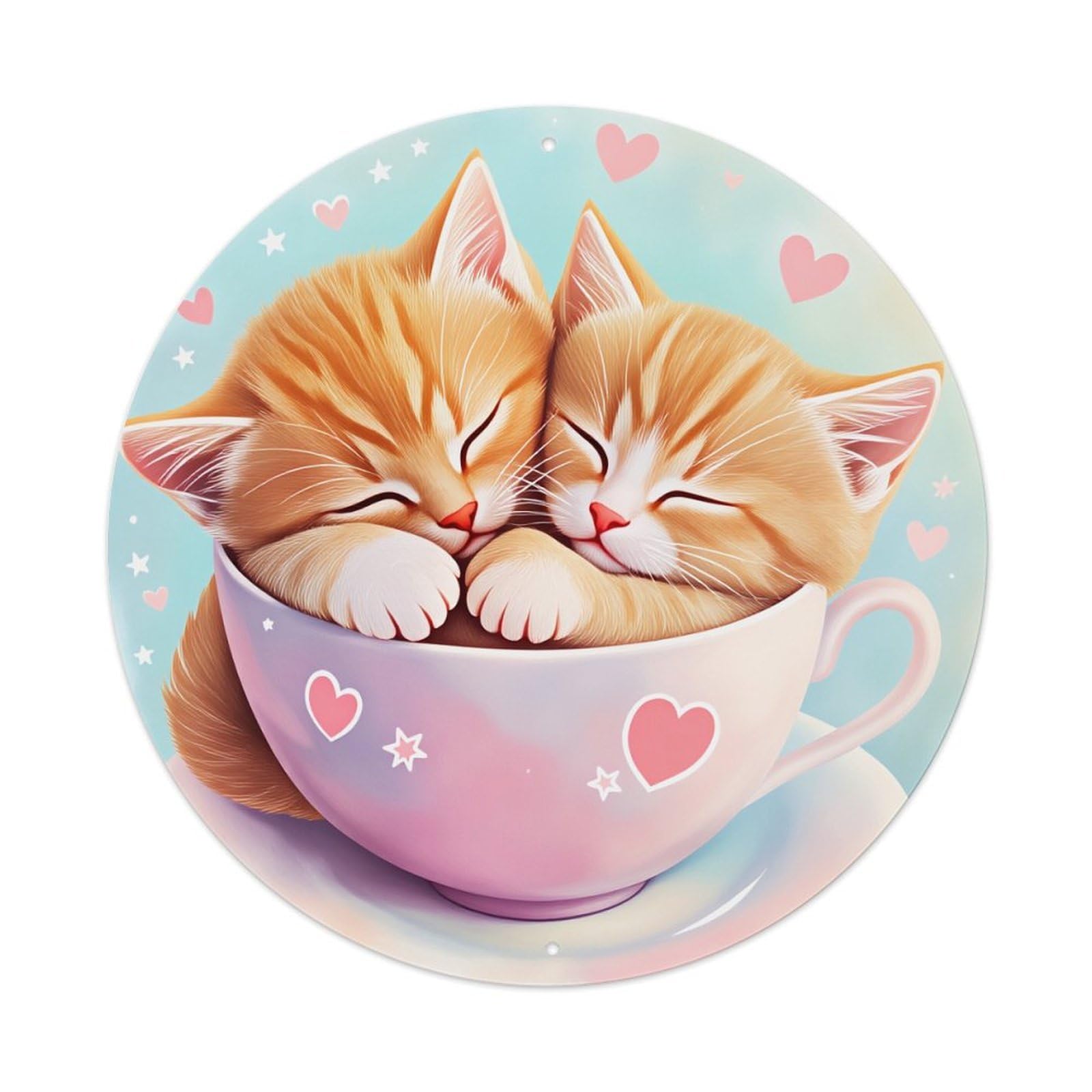 Cute Kittens In Tea Cup Hearts Round Tin Sign Vintage Style Metal Sign Home Bar Garden Wall Plaque Decor Metal Poster 8x8 Inch