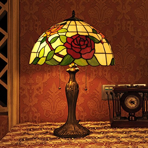 Gweat Tiffany 16 Pouces Style Pastoral Stained Glass Rose Série Lampe De Table Chambre Lumière