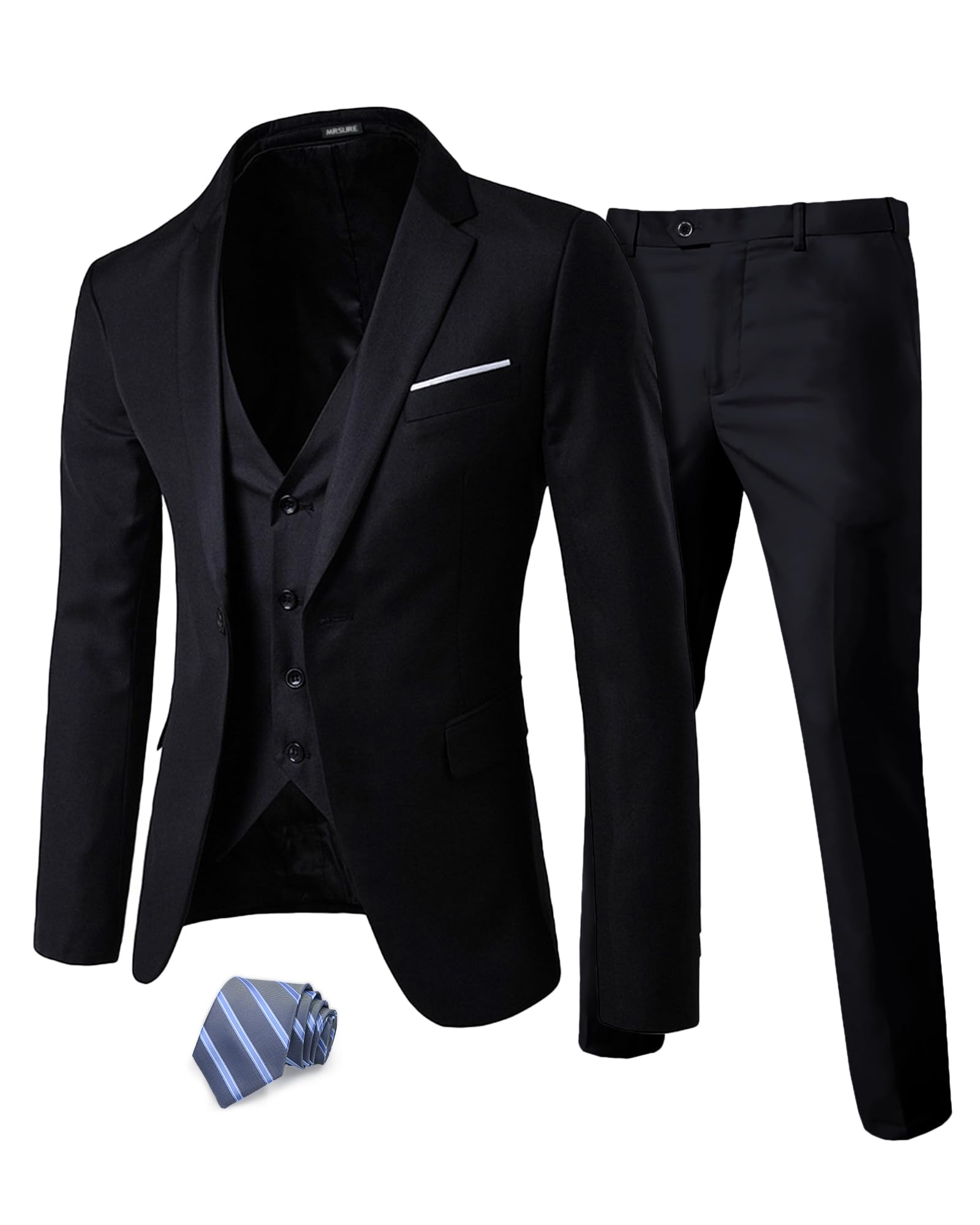 MrSure Men’s 3 Piece Suit Blazer, Slim Fit Tux with One Button, Jacket Vest Pants & Tie Set for Party, Wedding and Business, Black, 3XL