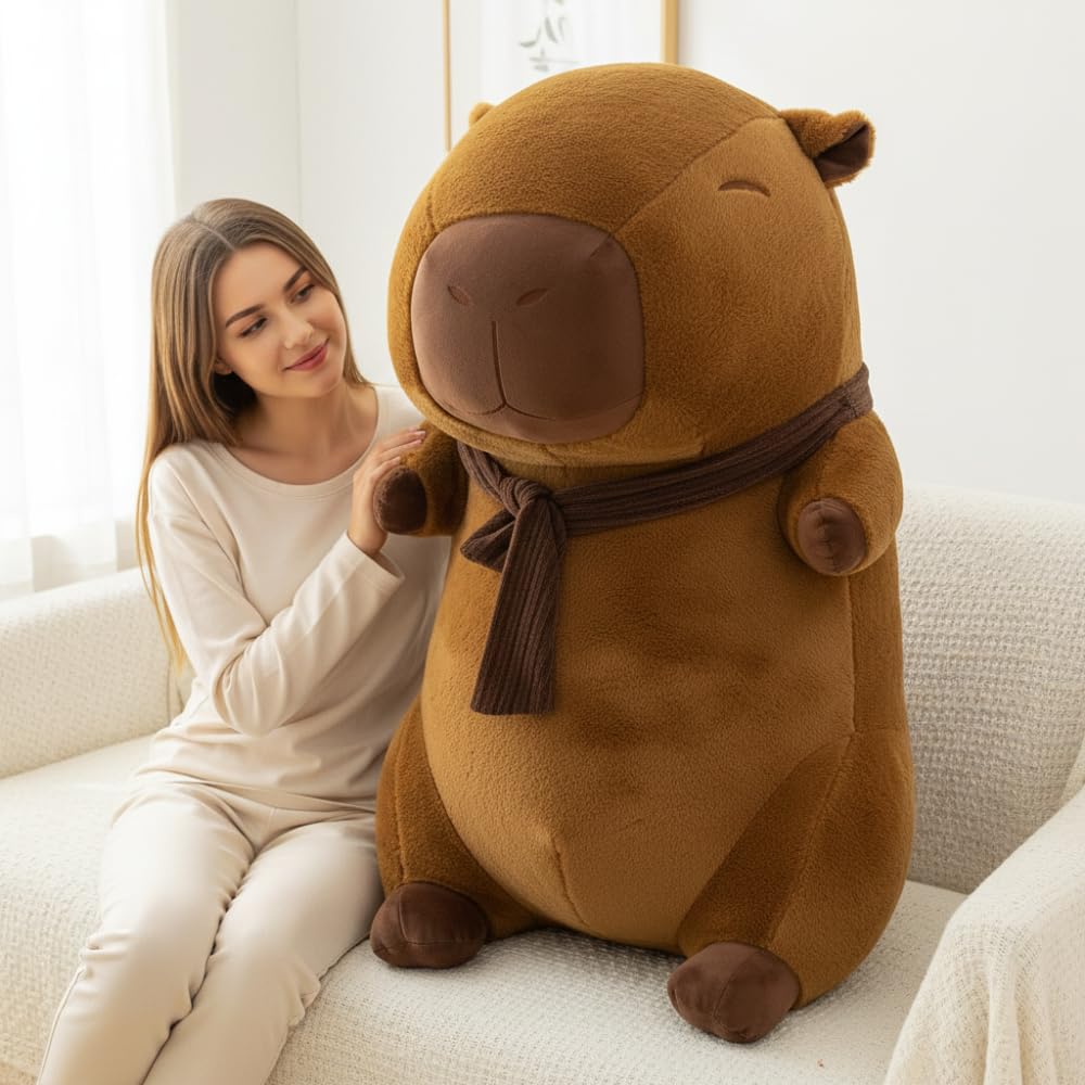 Capybara Peluche XXL 100 cm – Gran Peluche Suave Kapibara 3 en 1 cojín y decoración – Gigante para niños y Adultos (Capybara con Bufanda)
