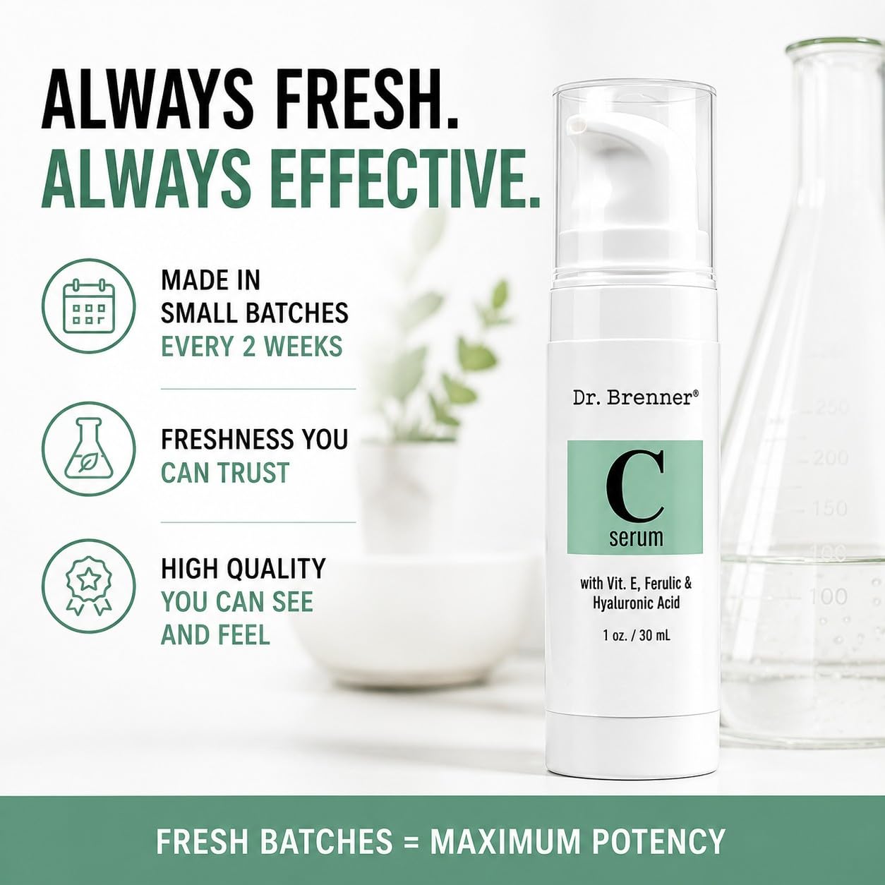 Serum witaminy C 20% czysty kwas L-askorbinowy, kwas ferulowy, witamina E i kwas hialuronowy do twarzy i oczu, 30 ml od dr Brenner