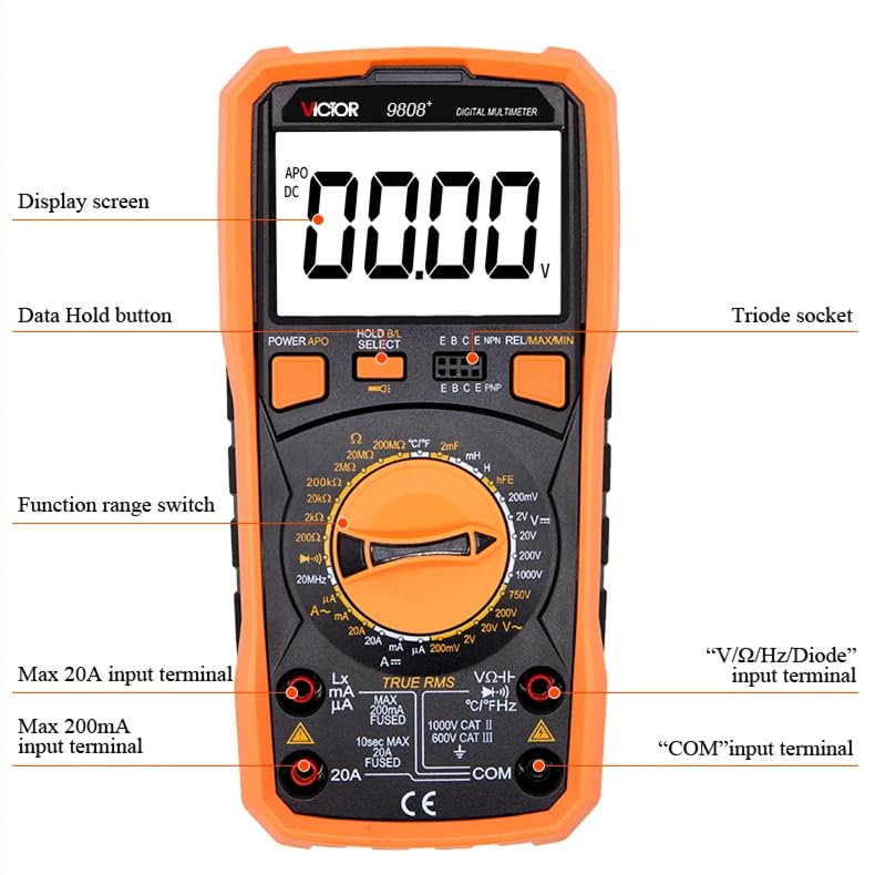 Image of Victor VC9808+ Digital Multimeter 1999 Counts Volt Meter Measures DCV, ACV, DCA, ACA, Resistance, Capacitance, Diode and Triode (Victor VC9808+)