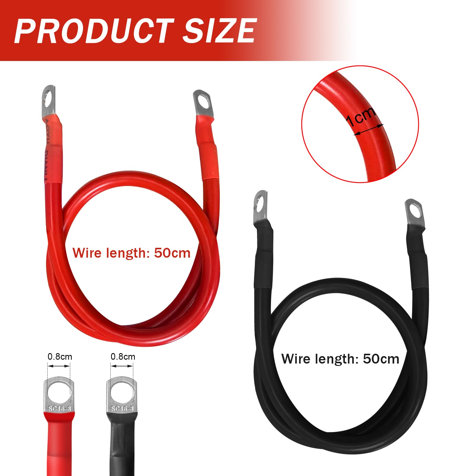 2 cavi batteria 16 mm² 50 cm 5 AWG cavo di massa 12 V cavo di prolunga per auto con capicorda ad anello M8, per auto, camion, moto, camper, marino, cavo di collegamento a batteria da 16 mm²