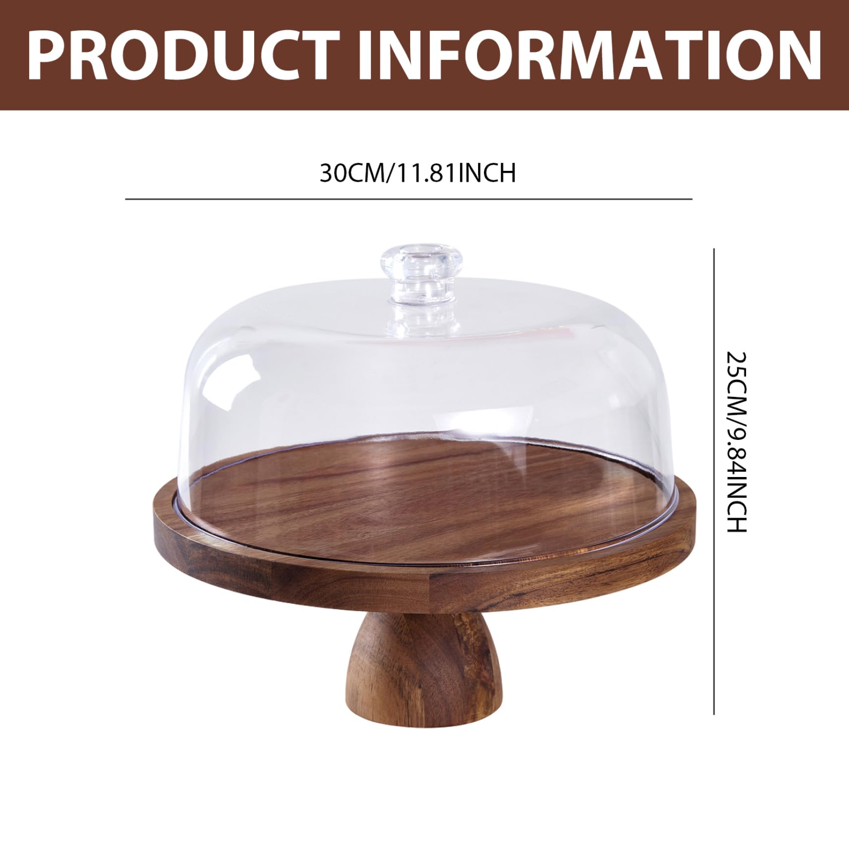 Soporte para pasteles de 12 pulgadas, soporte para pasteles de madera con mango superior esférico, tapa acrílica, recipiente redondo para refrigerios con patas para exhibir postres, platos de queso
