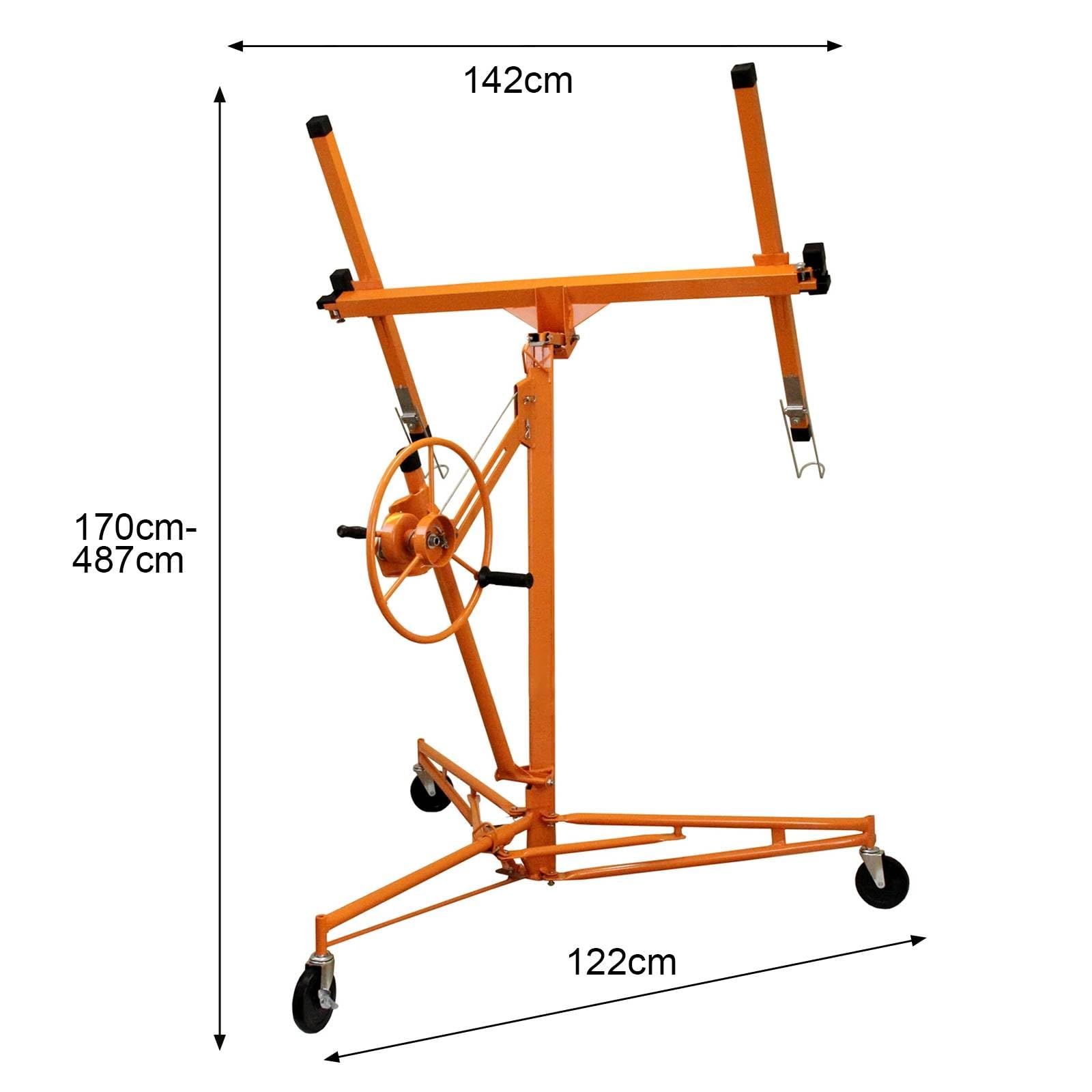 Podnośnik płyt kartonowo-gipsowych podnośnik płyta gipsowa podnośnik arkusz narzędziowy 4,9 m zasięg 68 kg udźwig 10 cm kółka samonastawne mobilne zamykane wytrzymałe składane komercyjne DIY T-Mech