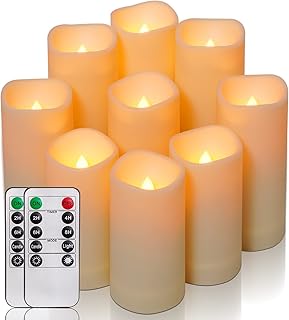 Amagic Flameless Candles Battery Operated Candles Flickering, Outdoor Waterproof LED Pillar Candles with Remote Control and Timer, D 2.2" x H 4" 5" 6", Ivory, Plastic, Set of 9