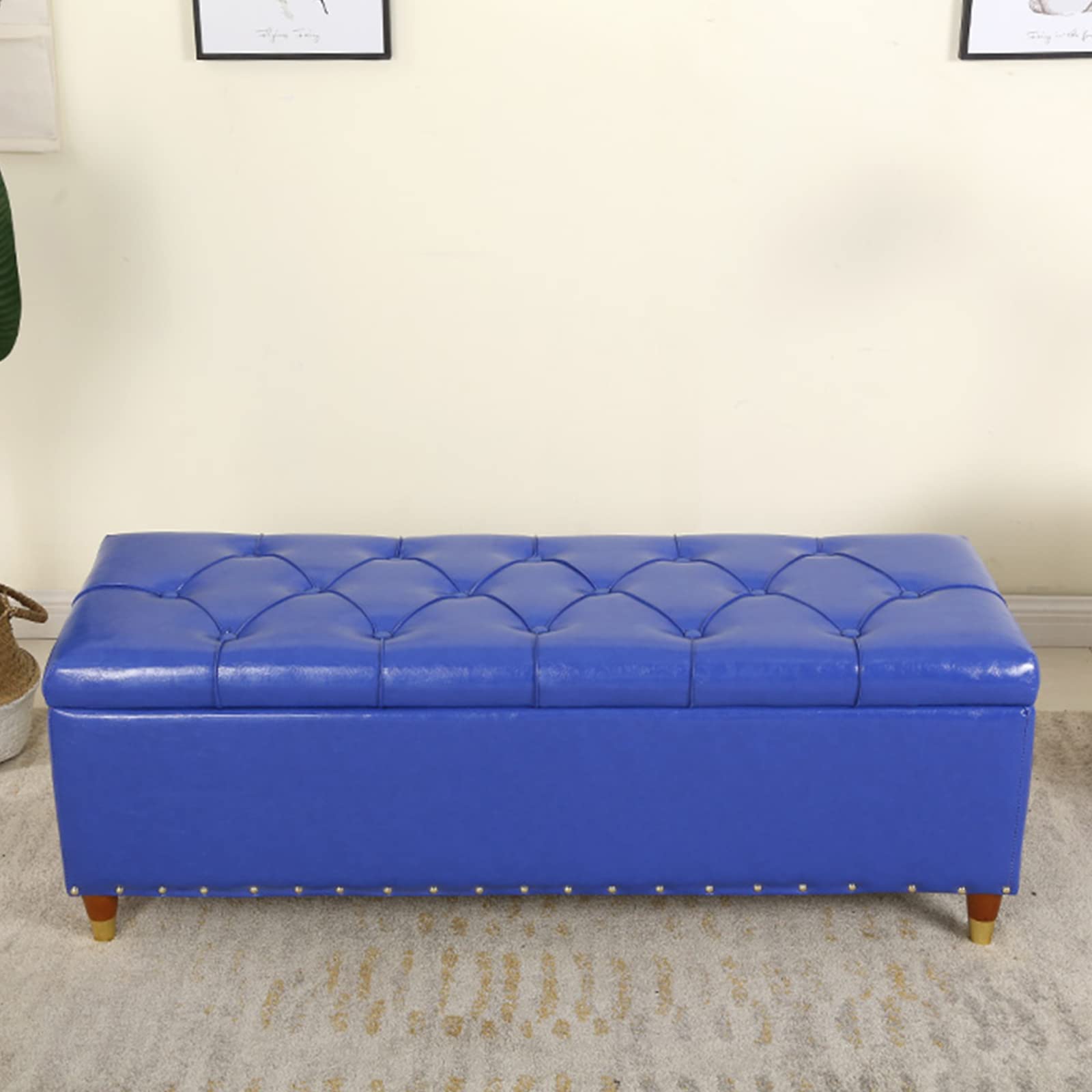 Tabouret à langer bleu banc de rangement rectangulaire cuir coffre 60cm
