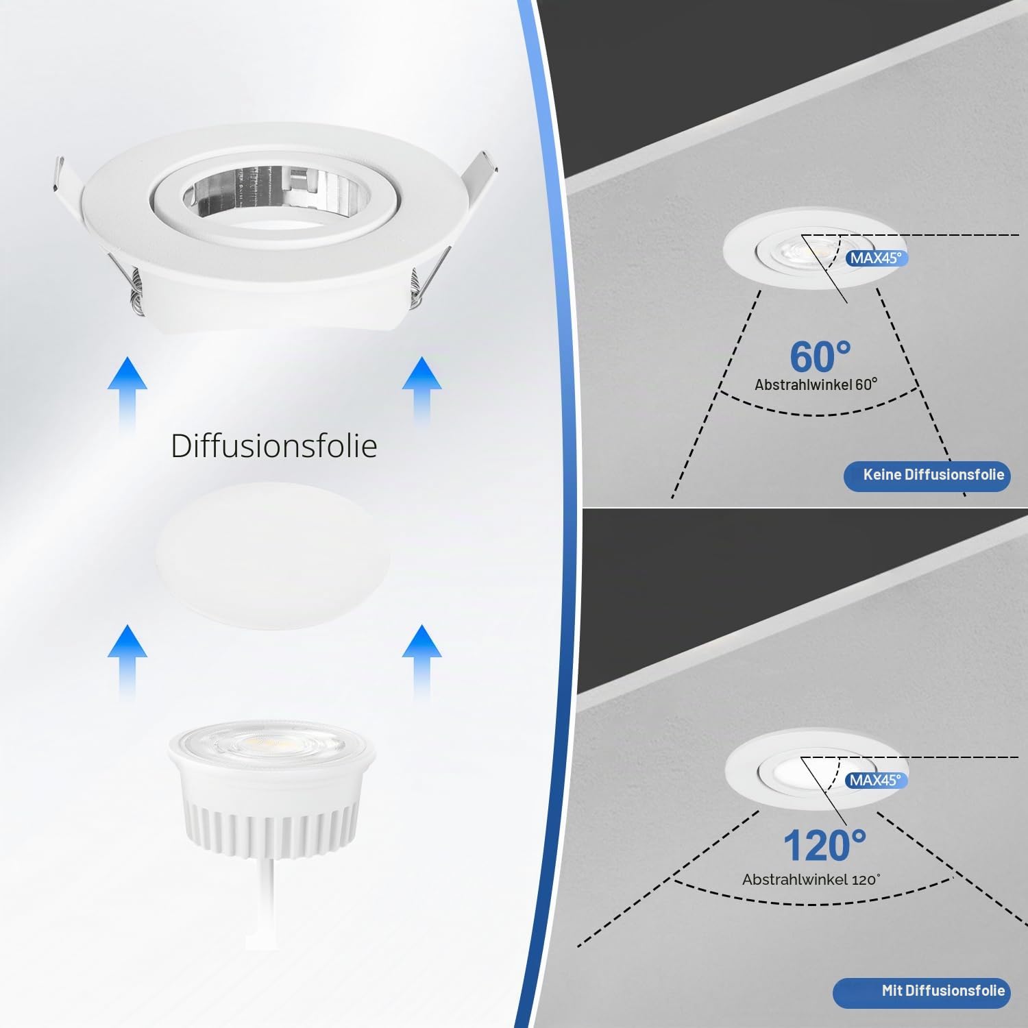YindaLux LED Einbaustrahler 230V LED Spots 5W Dimmbar 68mm, IP44 Deckenspots 45° Schwenkbar, Warmweiß Neutralweiß Kaltweiß, Spots Deckenleuchte für Badezimmer Küche Wohnzimmer, Weiß 6er Set