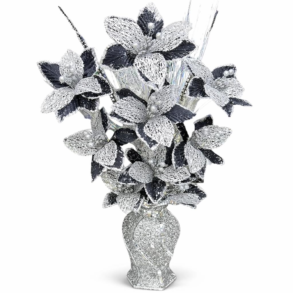 Segoy Silver Black & Glitter Artificial Silk Flower Arrangement With Crushed Diamond Mosaic Vase, Elegant Romany Bling Home Decor Ornament – 65Cm Tall