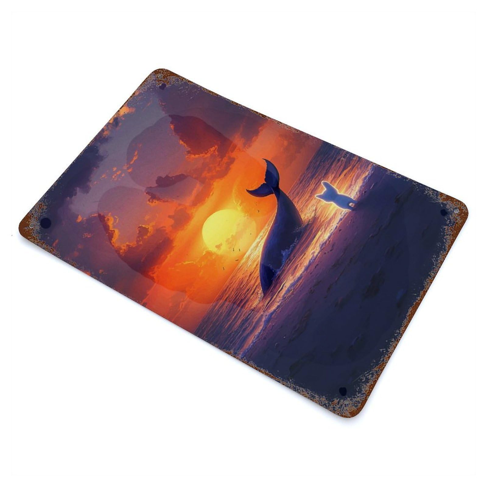 Whale Sunset with Dog Rust Effect Tin Sign 11.8"x7.9", Ideal for Cafe, Home Bar And Lounge Decor