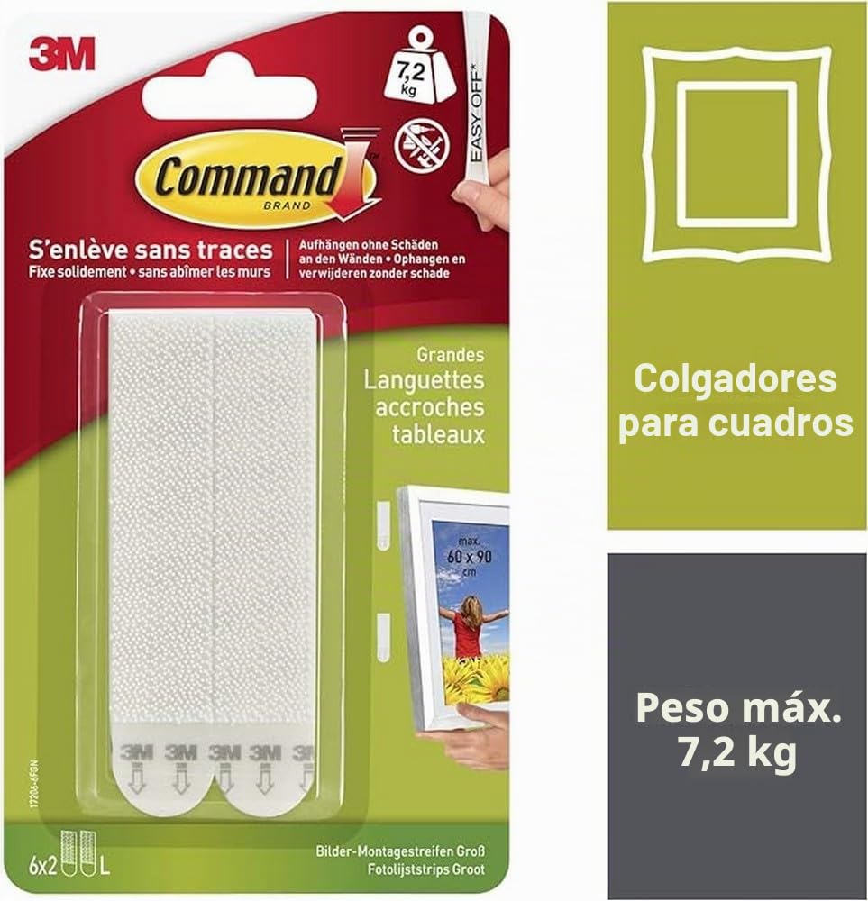Command Paquete de 6 x 2 pares de tiras de montaje para cuadros grandes, color blanco - Colgador de cuadros para peso pesado - Colgar sin daños - Soporta hasta 7,2 kg