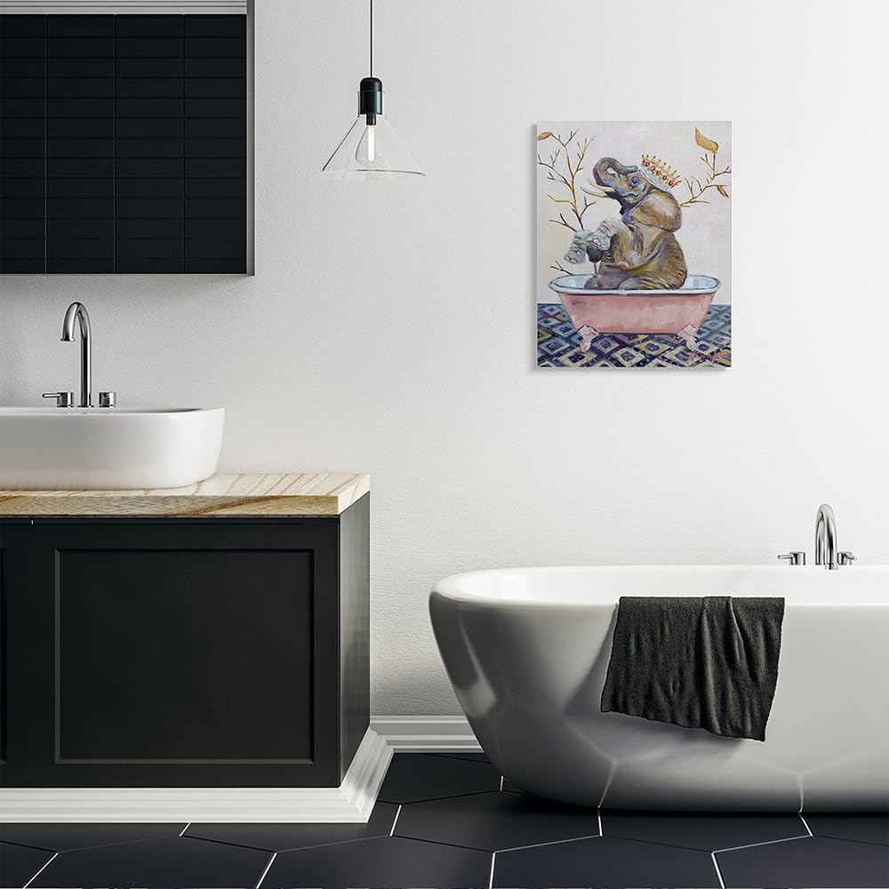 Stupell Industries Regal Safari Elephant with Pink Bath Tub, Design by Karen Weber Fine Canvas Wall Art, 24x30, Brown