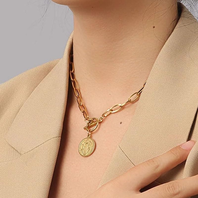 925 Sterling Silver Toggle Necklaces Women Men, 14k Yellow Gold Unisex Thick Chain Toggle Necklace - Saint St Benedict Coin Toggle Charm, OT Buckle Toggle Clasp For Christmas Birthday Gifts2