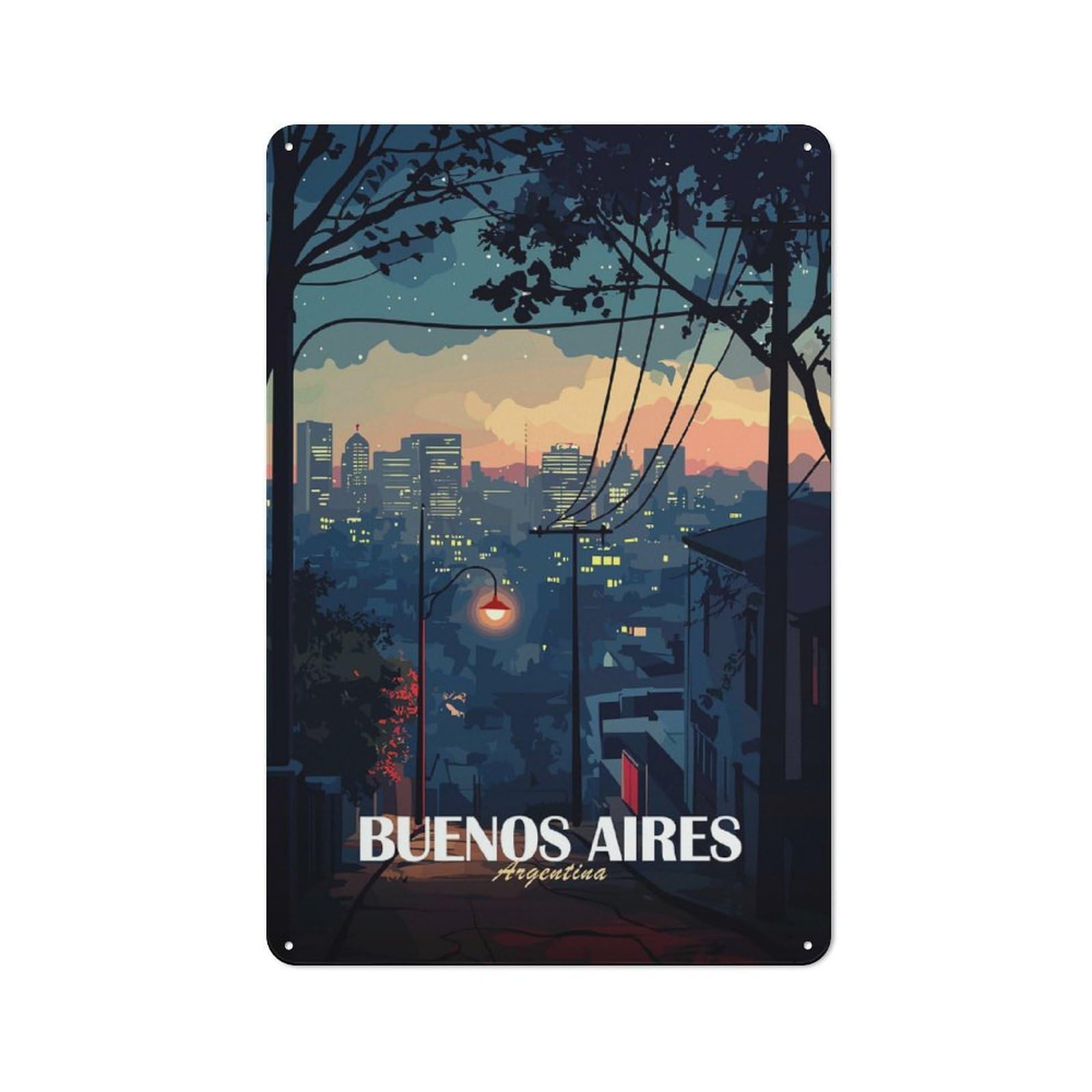 Junmoney Style-21 Buenos Aires Cityscape At Dusk Decorative Metal Plaque 30X20cm, Loft Style Urban Room Decor For Flat, Bar, Studio Or Gallery Wall