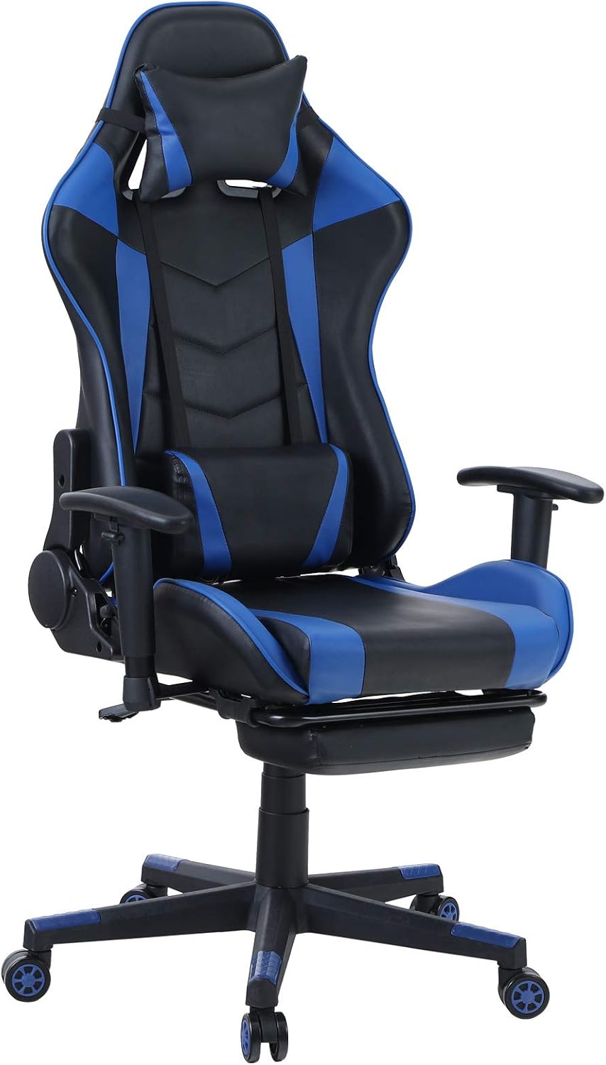 ALPHA HOME Gaming Chair Ergonomic Office Chair Racing Chair with Footrest Swivel Video Game Chair Computer Game Chair with Waist Vibration Massage and Lumbar Support PU Leather Desk Chair (Blue)