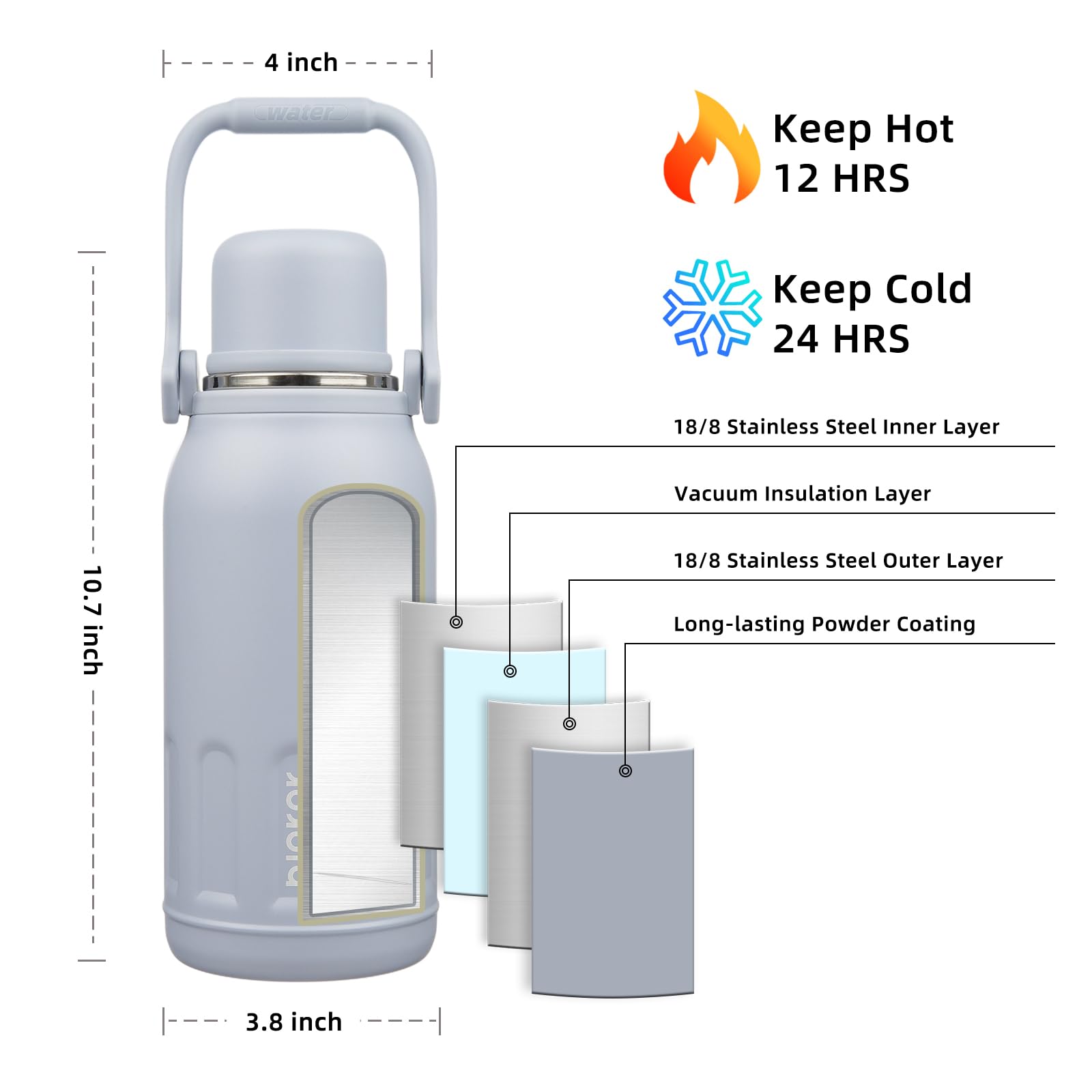 BJPKPK Botella de agua térmica aislada al vacío con asa y tapa, botellas de agua de acero inoxidable de 40 onzas para bebidas frías y calientes, neblina azul