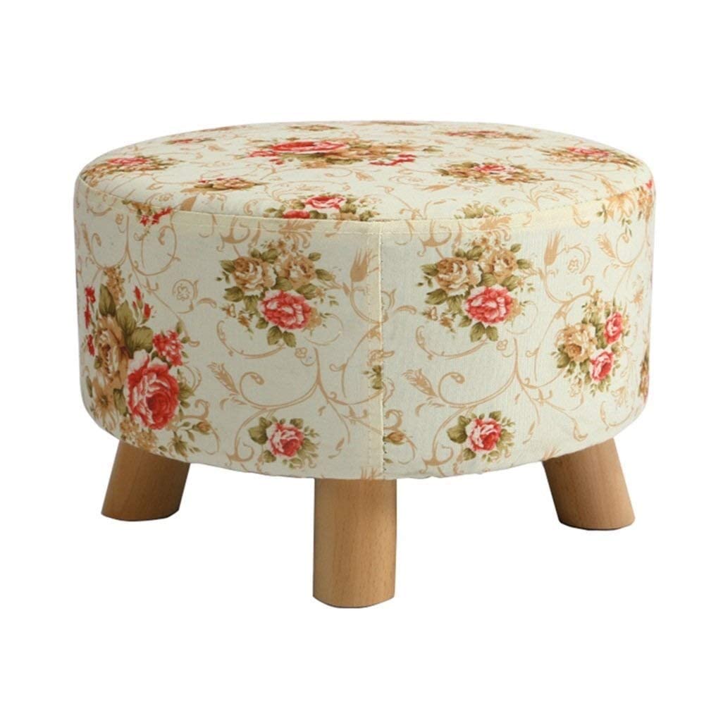 Tabouret pouf rond en bois et lin pour salon et couloir