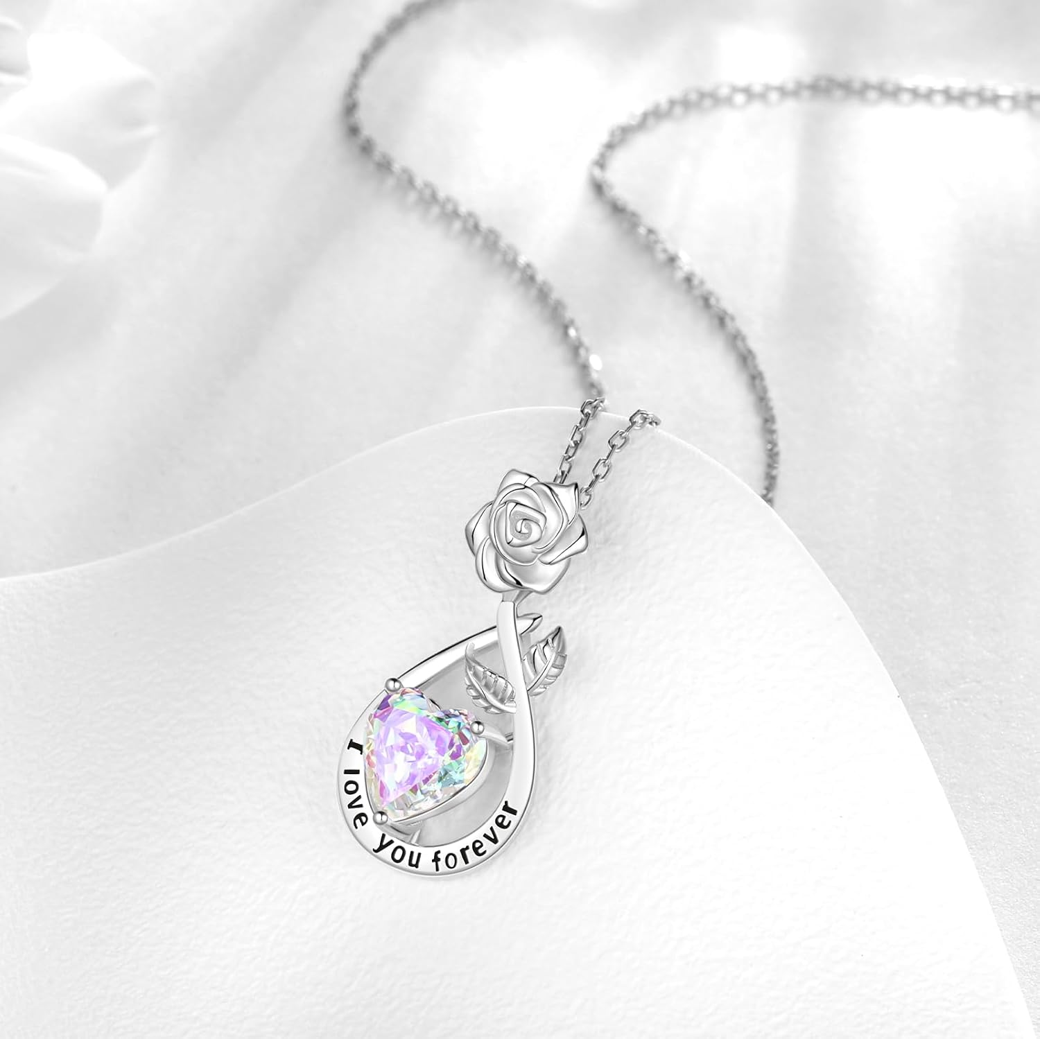 Aurora Tears Birthstone Rose Pendant Necklace - 925 Sterling Silver Rose Cut Heart Cubic Zirconia Love Infinity Drop Necklace Anniversary Birthday Jewelry Gift for Women Wife Mom Daughter - Image 2