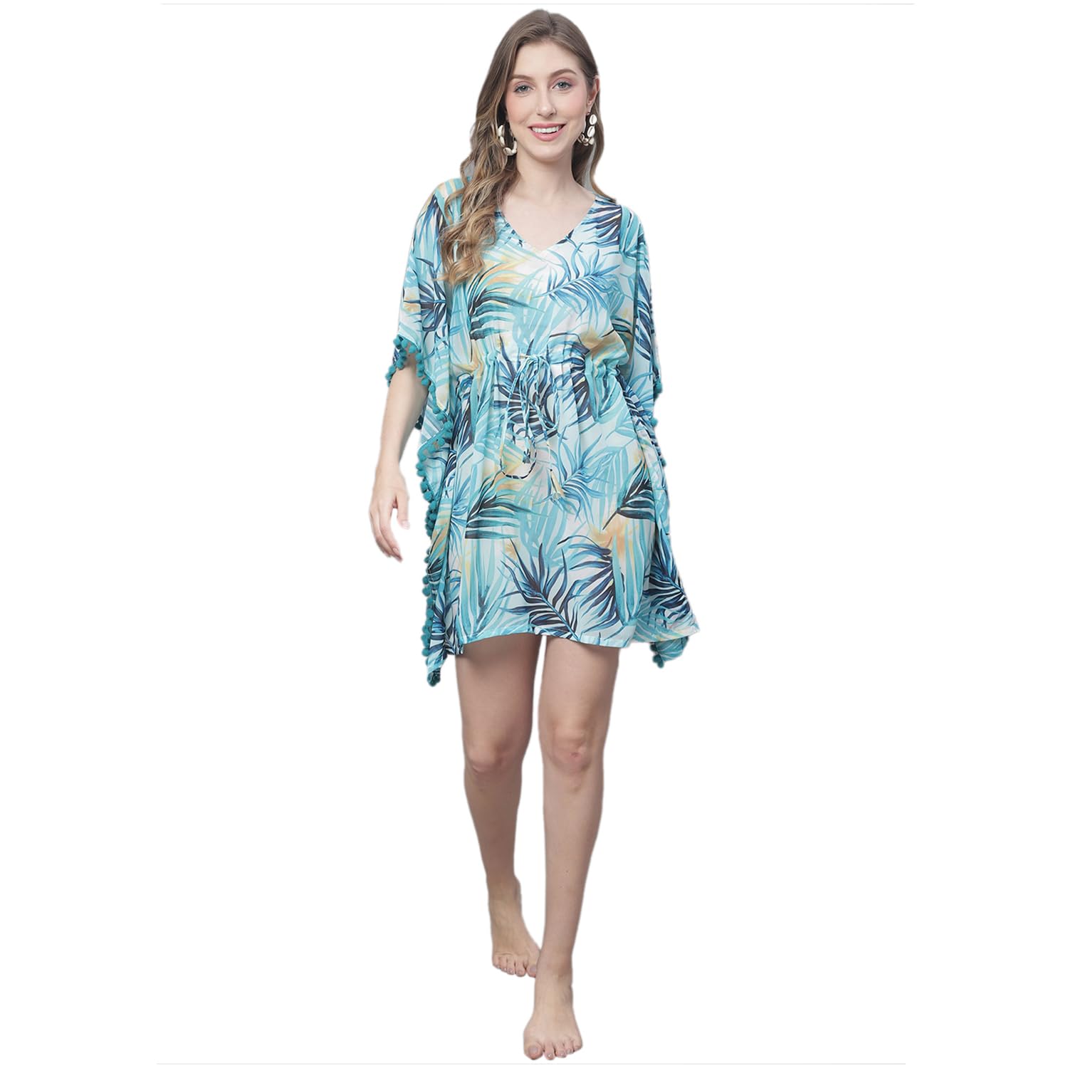 Turquoise Blue & Yellow Tropical Printed V Neck Swimwear Cover Up kaftan Dress.-image-16