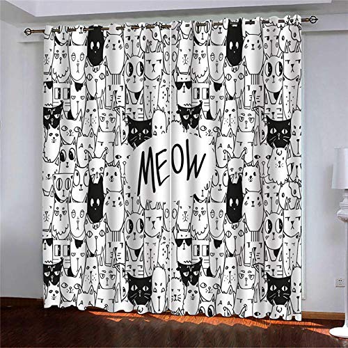 Zhoudd Tende Oscuranti con Anelli, Gatto Quadrato Comico 2Pcs L140Cm X H175Cm Termica Isolante Tenda Drappeggi Opache Pesante per Finestra Soggiorno Camera da Letto, 2 Pannelli