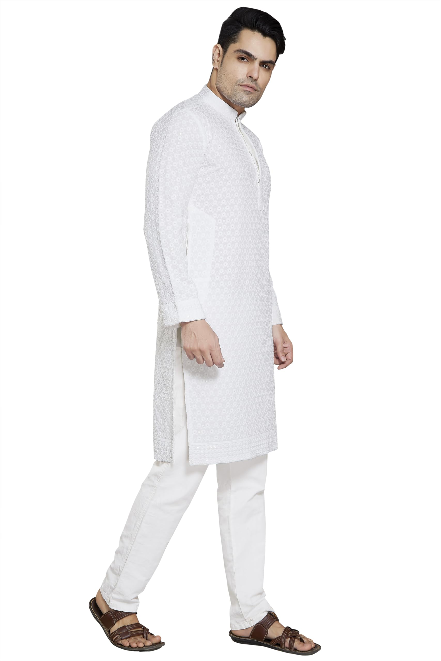Divisive Men's Sequince Embroidered Cotton Blend Slim Fit Kurta Pyjama Set (Dkrt36_M_White)