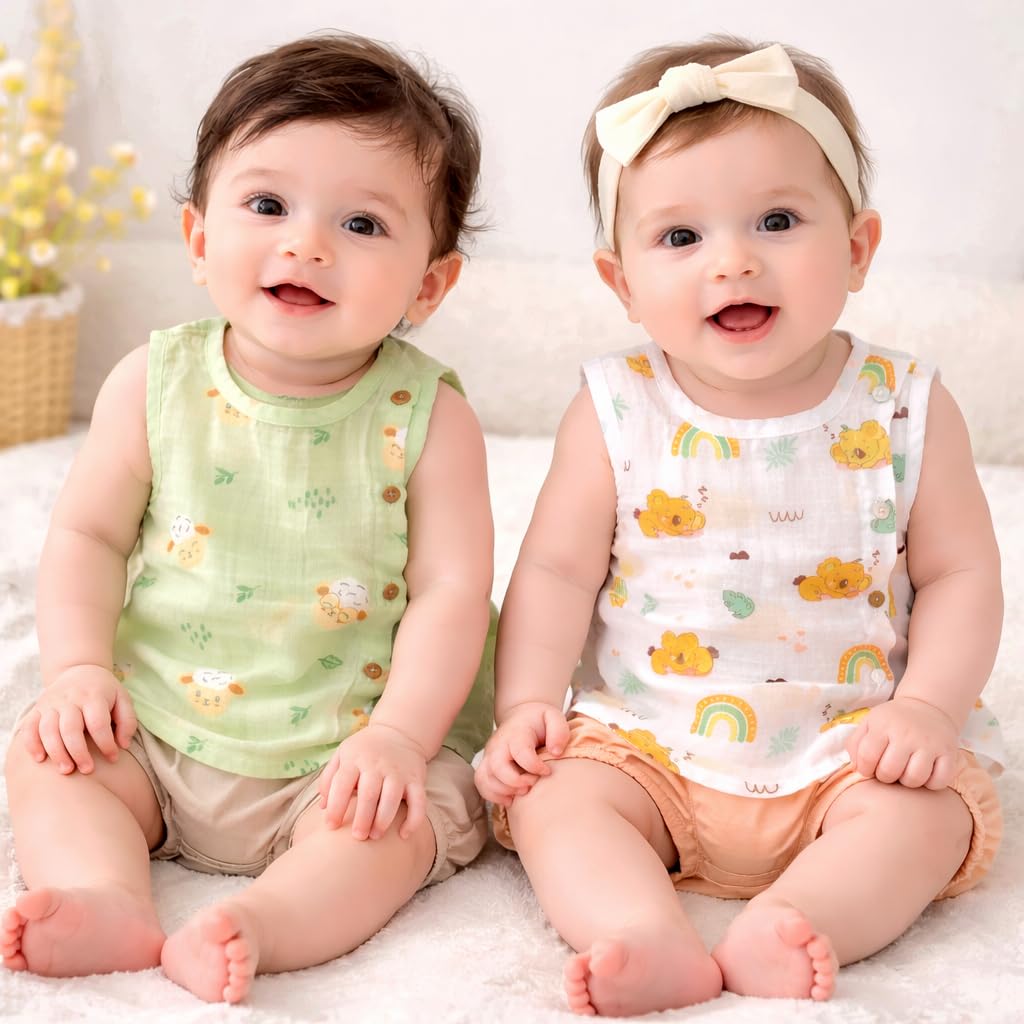 Newborn Baby Muslin Jhabla 100% Cotton Soft and Breathable Infant Wear Unisex Off White Printed Baby Clothing Lightweight Summer Wear for Boys and Girls, Newborn (2)-picture-15