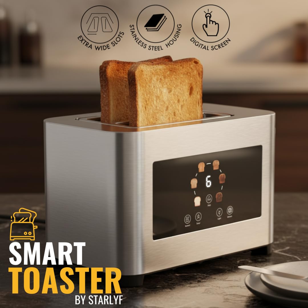 STARLYF Smart Toaster – Tostapane 2 Fette con Touch Screen LED – Slot Extra Large per Pane Spesso e Toast – 6 Livelli di Doratura – Funzioni Scongelamento, Riscaldamento e Stop – Acciaio Inossidabile