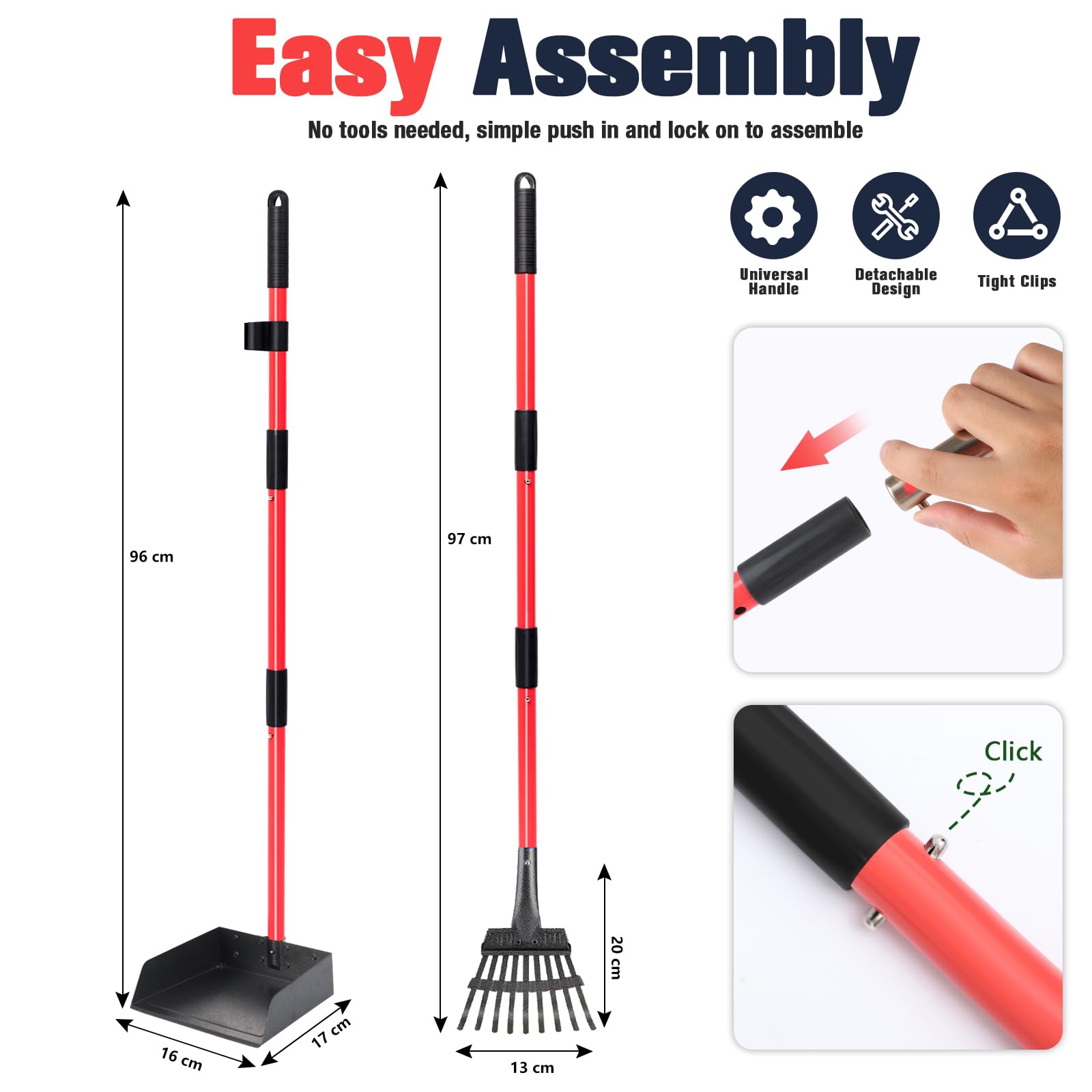 Kit con vassoio e rastrello per cani, resistente, con manico lungo in metallo regolabile, portatile, con 10 sacchetti per rifiuti, per cortile, passeggiate, erba e foglie da giardino