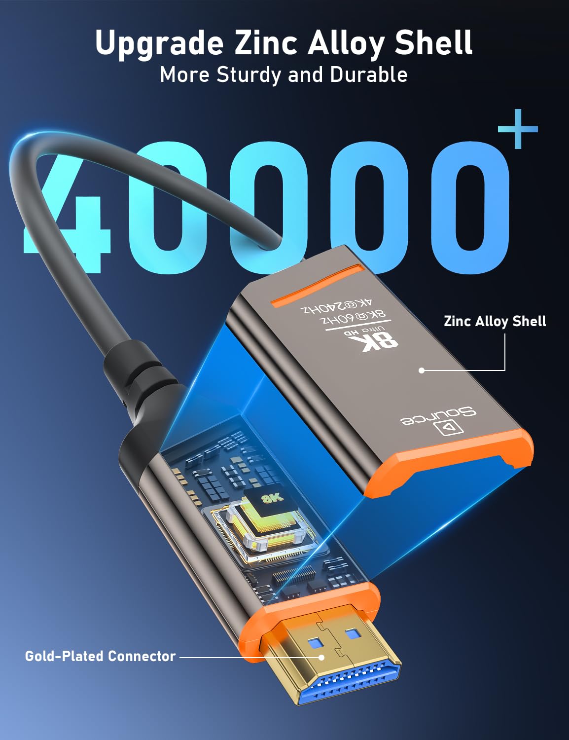 Cavo HDMI in fibra ottica, 100 m, cavo HDMI 2.1 8K, ad alta velocità, 48 Gbps, supporto 8K a 60 Hz, 4K a 240 Hz, HDR dinamico, eARC, HDCP 2.3, connettore placcato oro e guscio in lega di zinco, per
