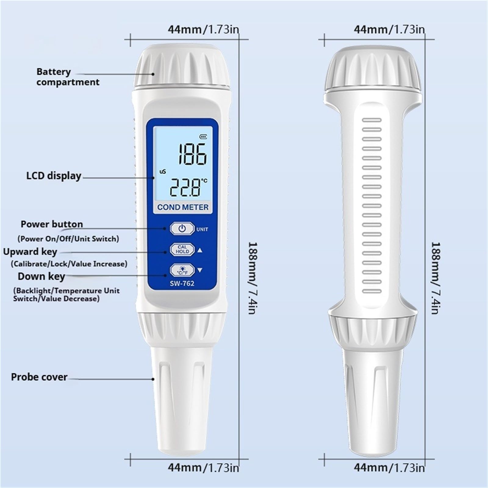 Medidor dual de conductividad y temperatura del agua con pantalla LCD HD TDS, conversión de unidades ℃/℉, ΜS/mS, medidor de conductividad