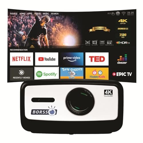 Image of BORSSO Ultima Curve Ultra, Android 15 (4GB+128GB) Octa Core CPU, Closed Engine, 4K HDR10+, MEMC, Projector 4K Ultra HD, Ultra Bright 3500 ANSI, Full Automatic (OA + AF + TILT), HDMI ARC, BT 5.2