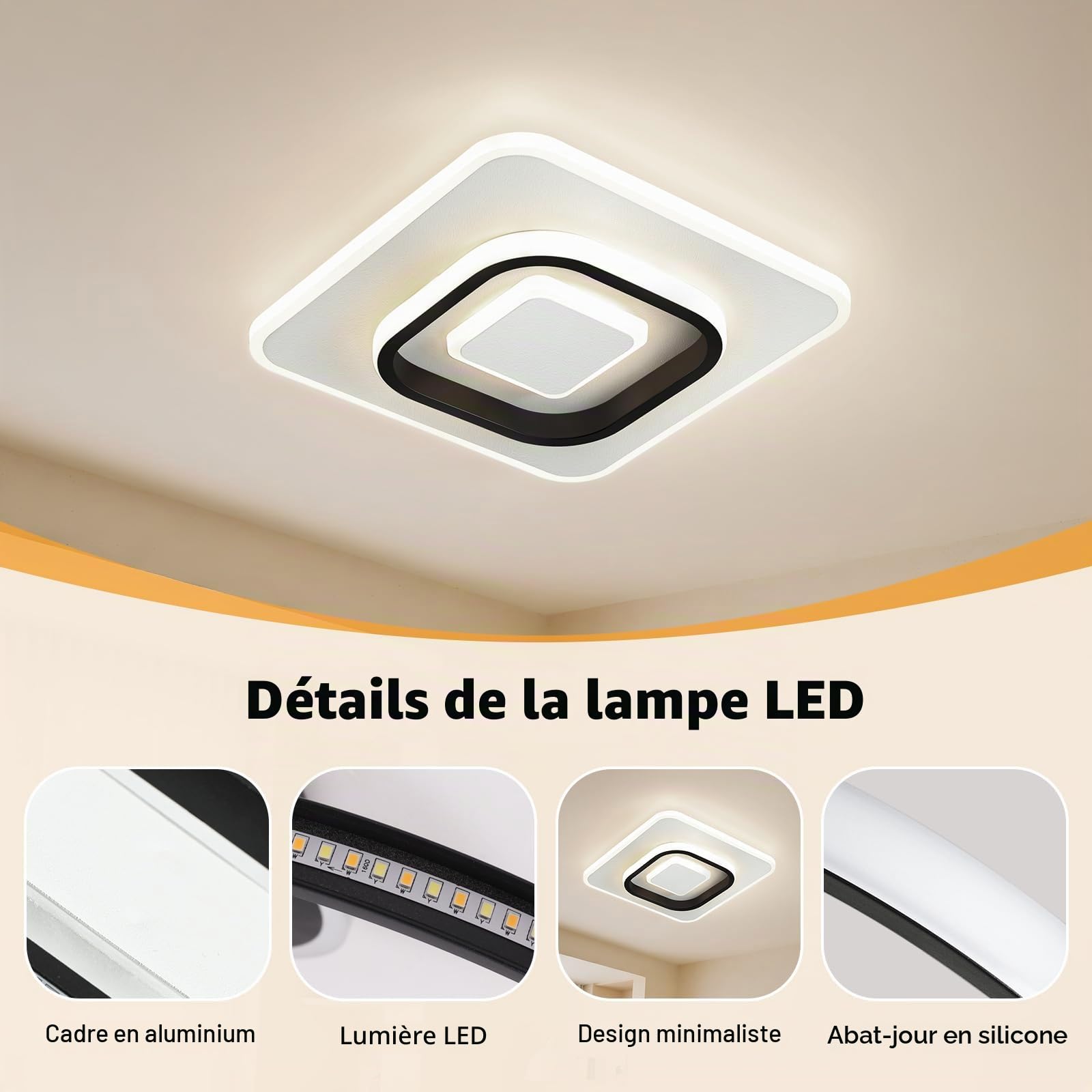 Plafonnier LED Moderne 23W, 3000K/4500K/6500K Lampe Plafond 2300lm CRI≥80, Luminaire Plafonnier pour Salon, Chambre, Bureau, Cuisine et Couloir avec Fonction Mémoire Blanc