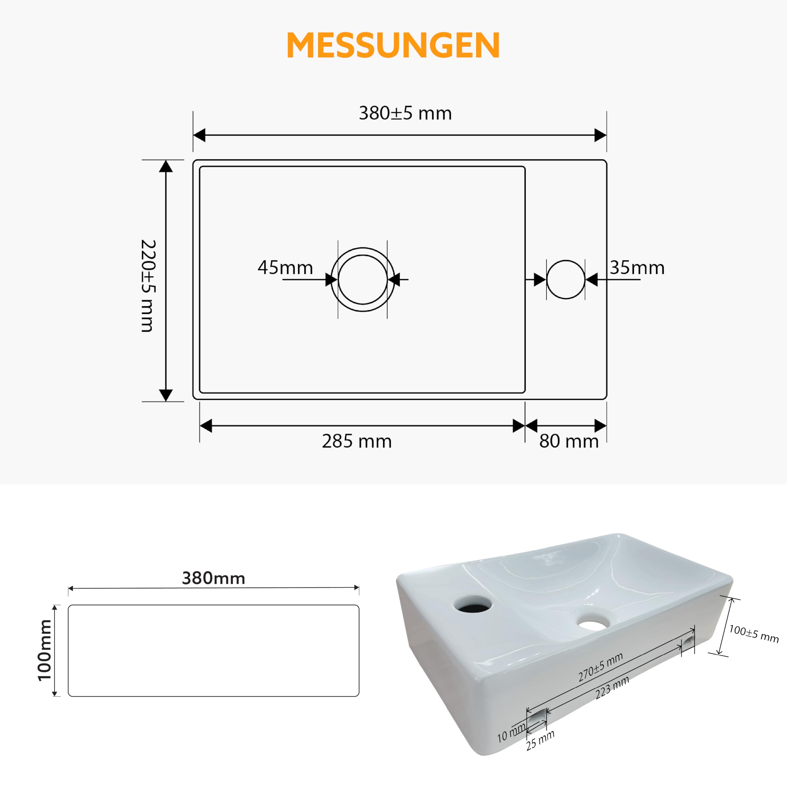 HOGART Lavabo Piccolo Bagno in Ceramica 38x22cm con Vasca a Sinistra – Lavandino Rettangolare Compatto Salvaspazio, Foro Rubinetto Senza Troppopieno, Sospeso o da Appoggio per WC Ospiti, Bagni Moderni - 3