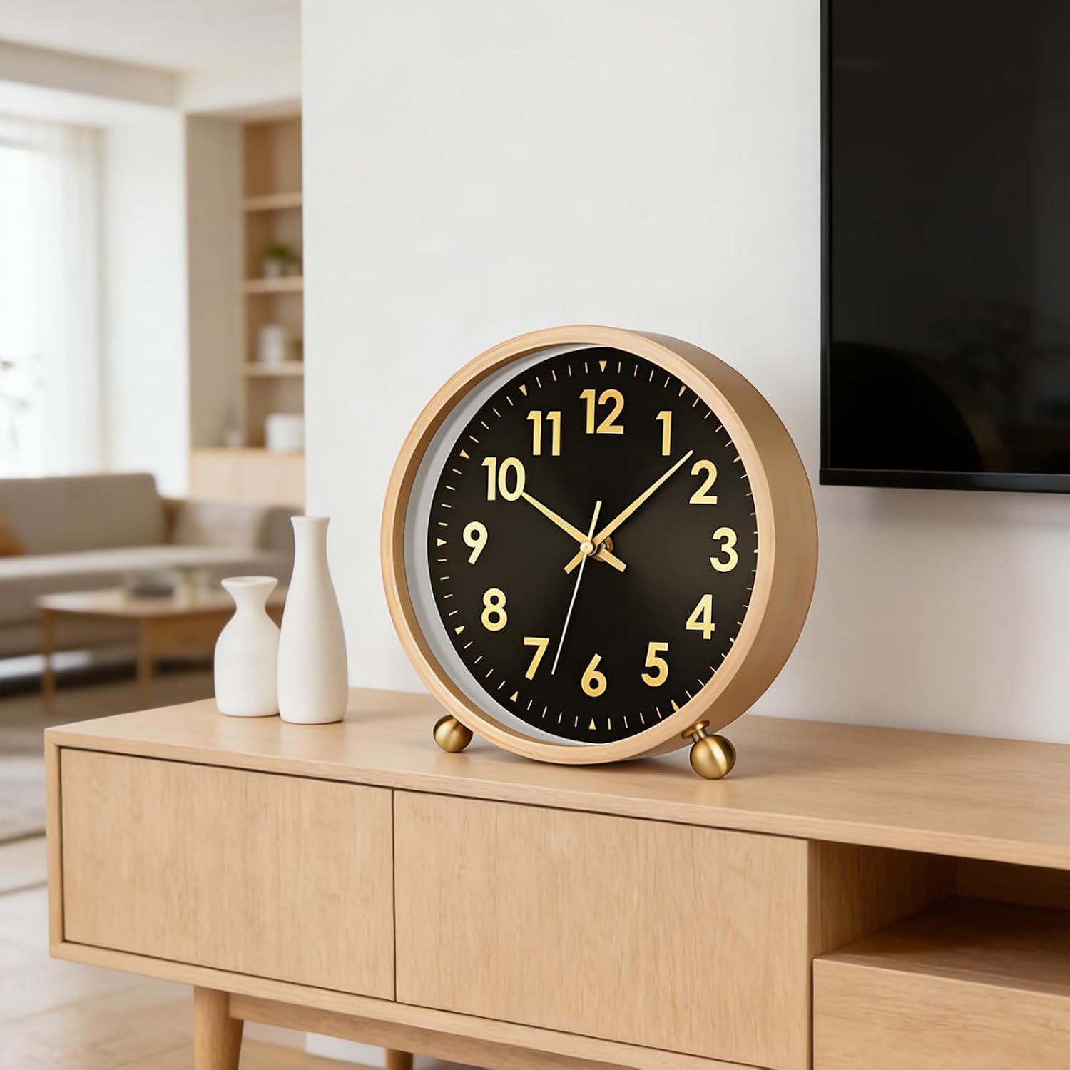 Reloj de escritorio analógico de madera, 20 cm, sin garrapatas, para