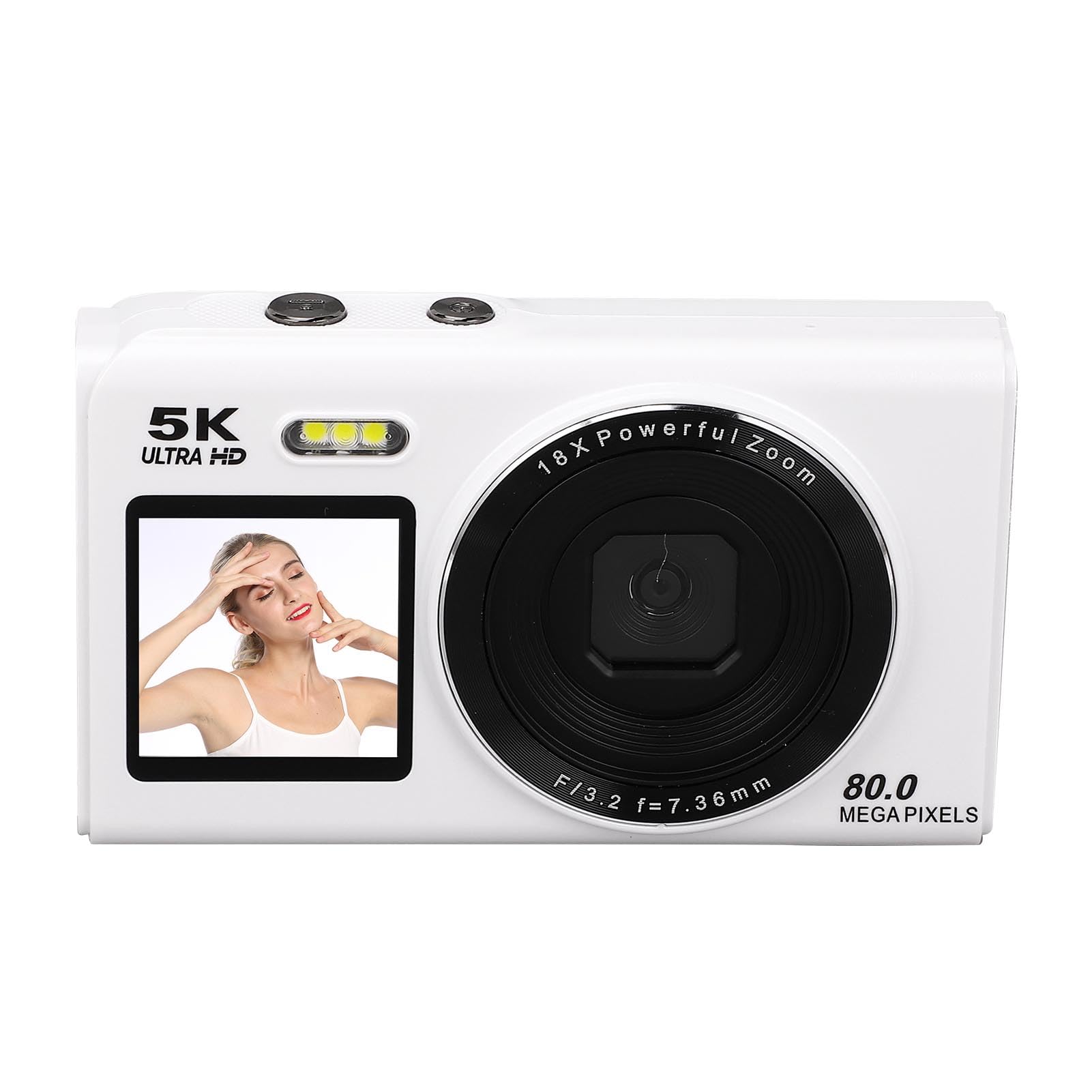 Fotocamera Digitale 5K con Scheda di Memoria da 32 GB, Fotocamera per da 80 MP, Zoom 18X, Flash Incorporato a Doppio Schermo per Principianti Bambini Ragazzi Ragazze (Bianco)