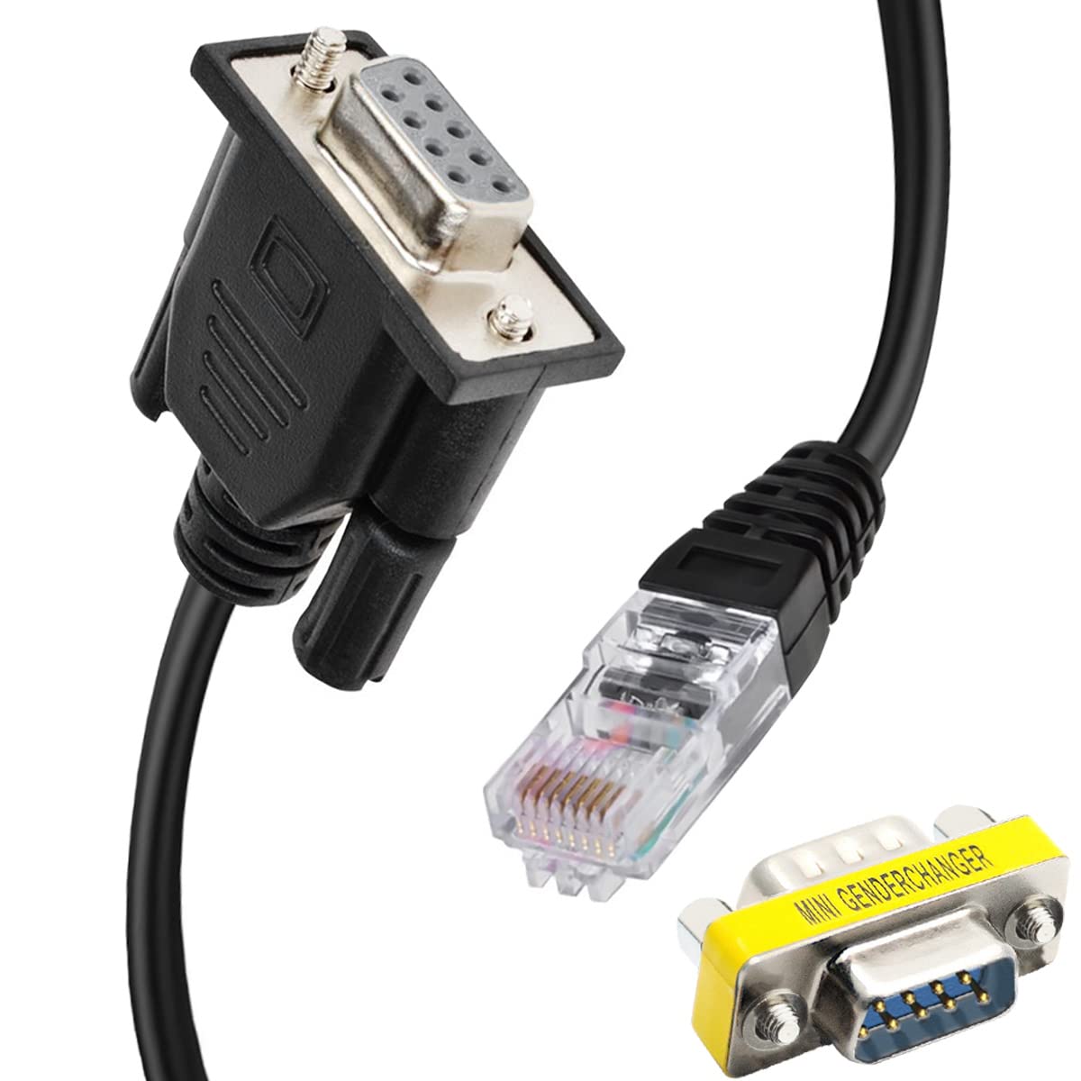 RJ45 to RS232 DB9 Serial 9 Pin Female to RJ45 Female Ethernet LAN Console per Router Switch Computer, with DB9 Gender Converter, 150cm/4.92FT