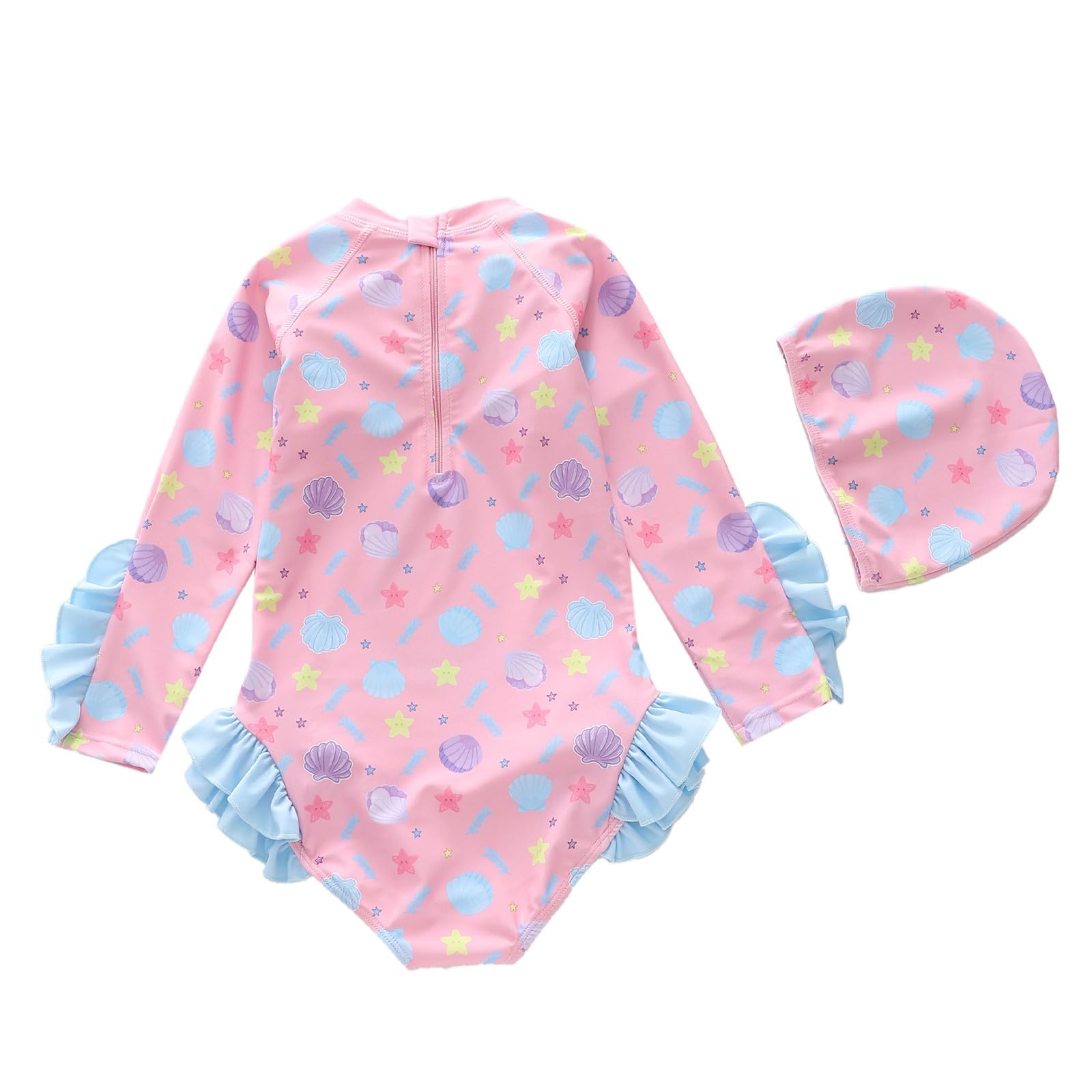 Generisch Bañador para niña con mangas largas y ribete de volantes florales, protección solar para niños pequeños y escolares