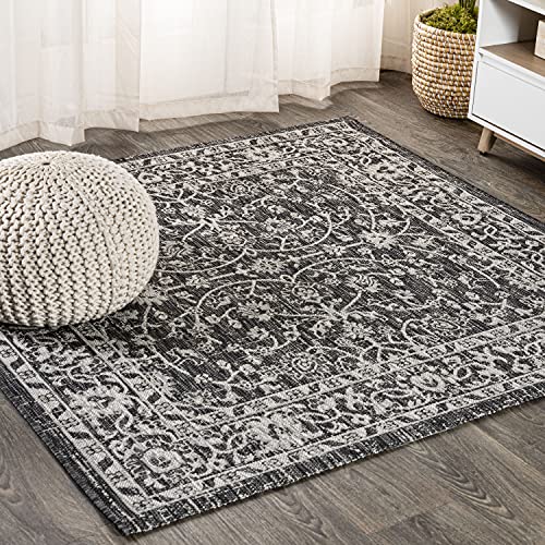 Image of JONATHAN Y Vine & Border Indoor Outdoor Square Area Rug 5X5 Black /Gray, Palazzo Textured Weave for Backyard, Patio, Porch, Easy-Cleaning, High Traffic, Pet-Friendly, Non-Shedding (SMB103C-5SQ)